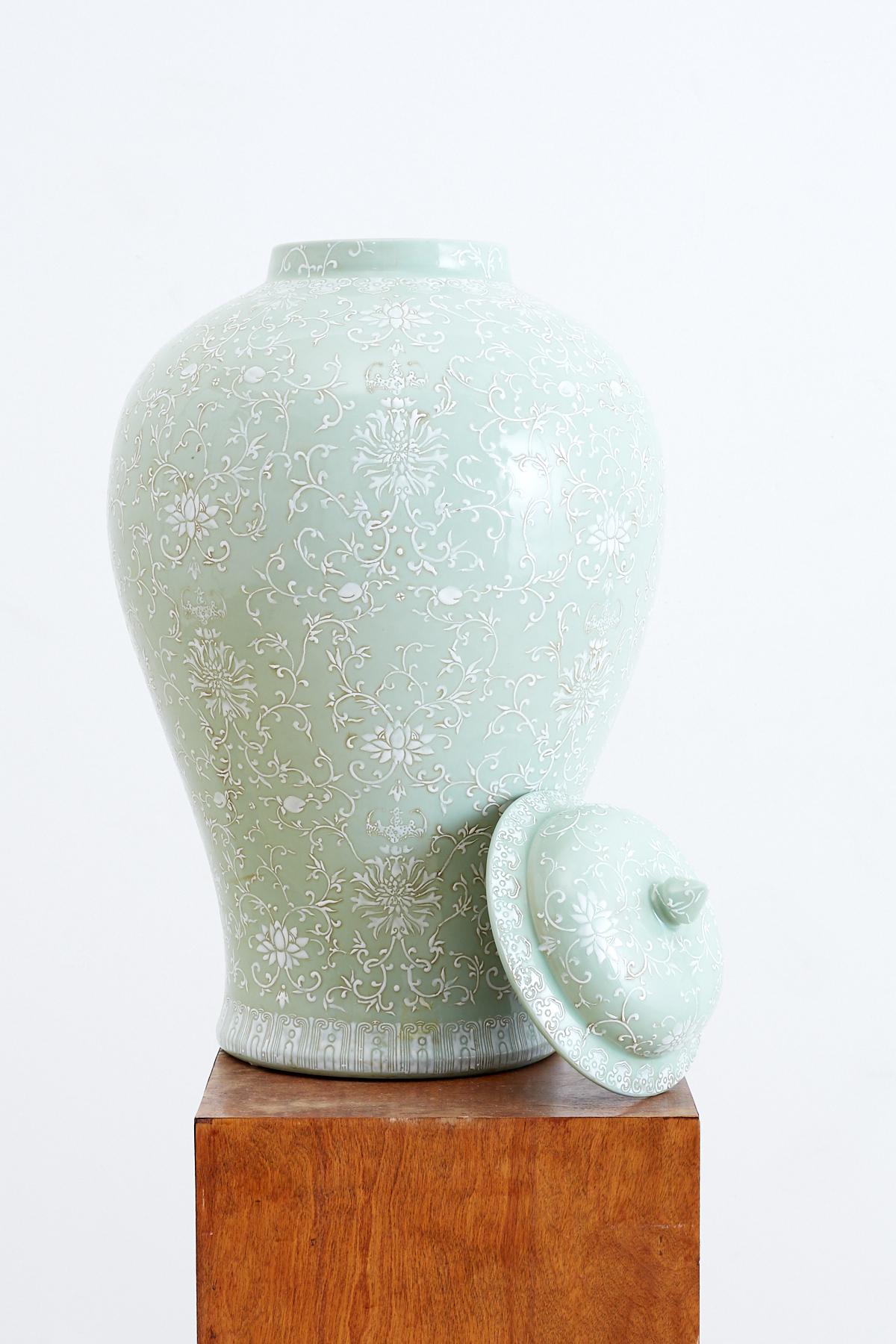 Mid-Century Modern Monumental Celadon Ginger Jar with Moriage Decoration