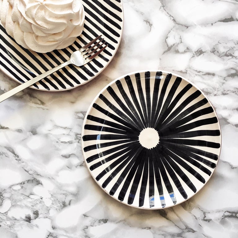 Portuguese Handmade Ceramic Black and White Ray Pattern Dinner Plates, in Stock For Sale
