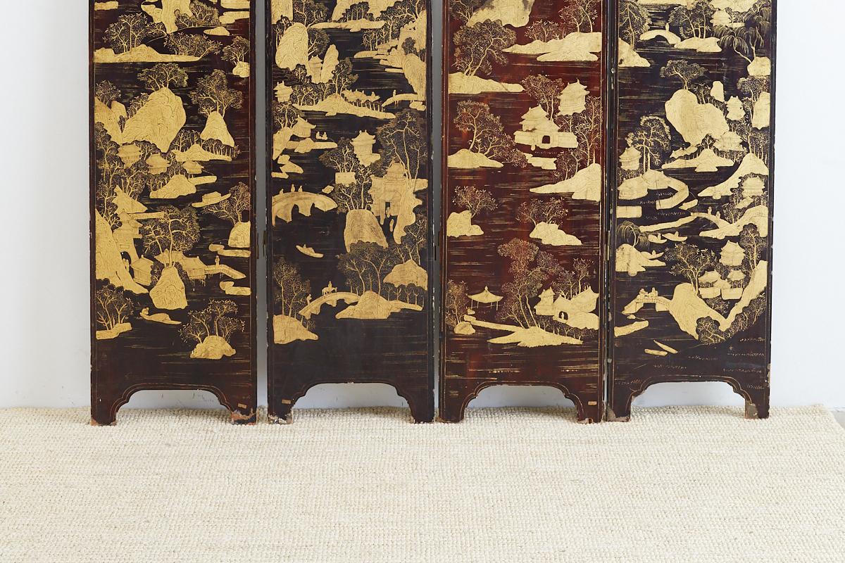 Lacquered 19th Century Chinese Qing Four-Panel Lacquer Gilt Screen