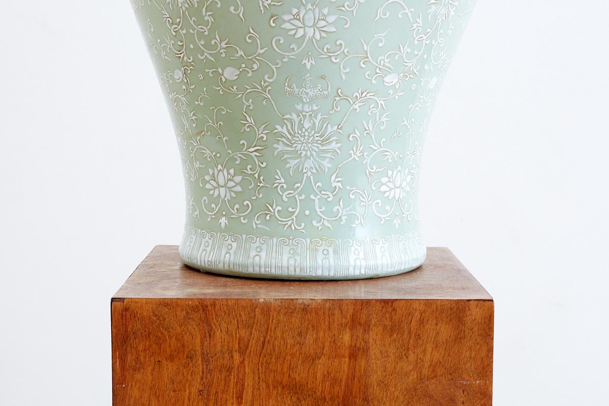 Asian Monumental Celadon Ginger Jar with Moriage Decoration