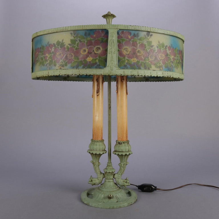 French Reverse Painted Rainaud Figural Rare Form Bouillotte Table Lamp