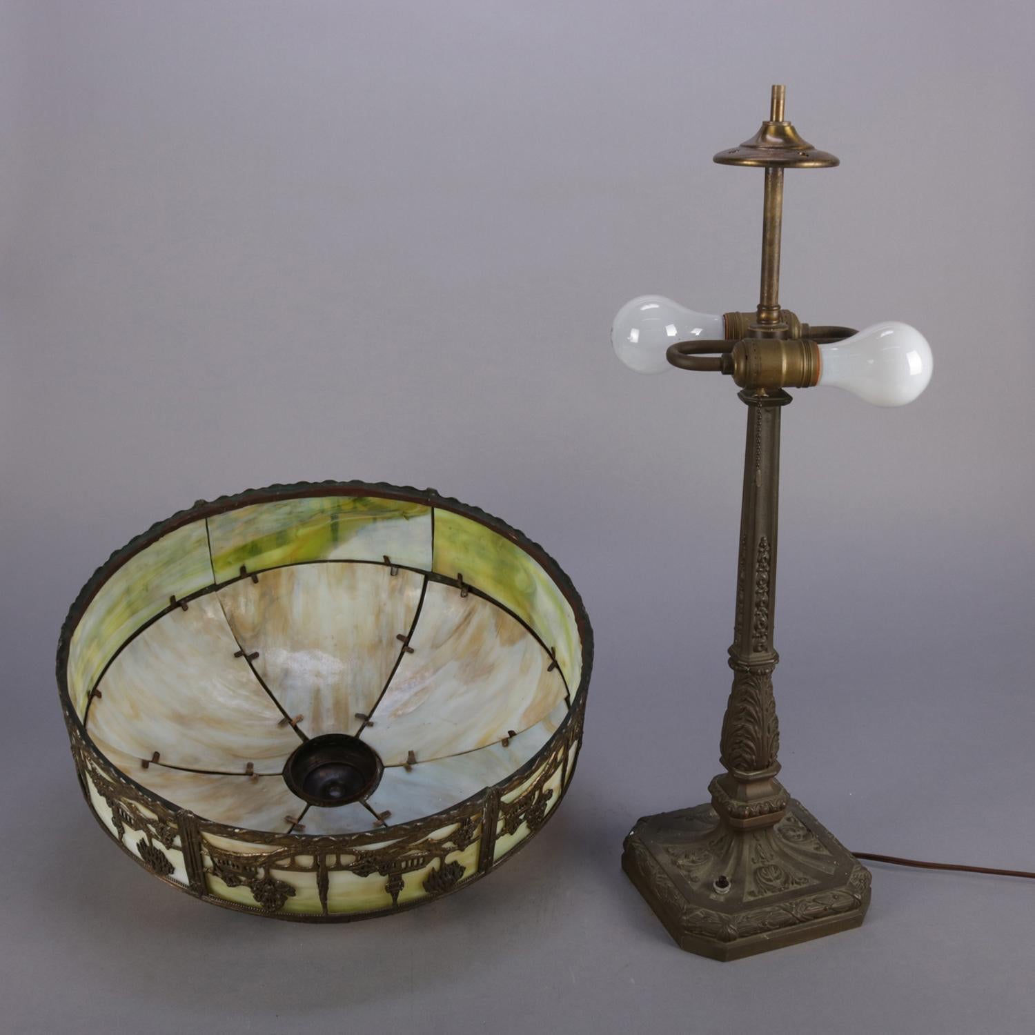 American Antique Arts & Crafts Scenic Bradley & Hubbard School Slag Glass Lamp
