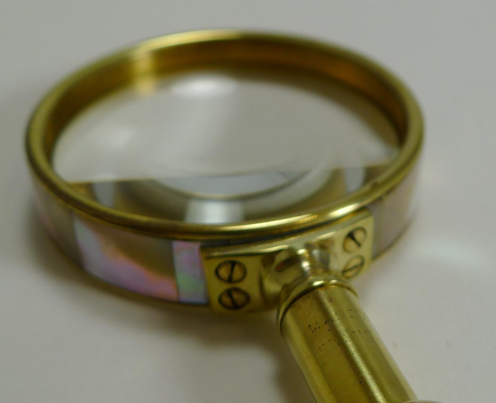 Late Victorian Fine Quality Antique English Brass and Mother-of-Pearl Magnifying Glass