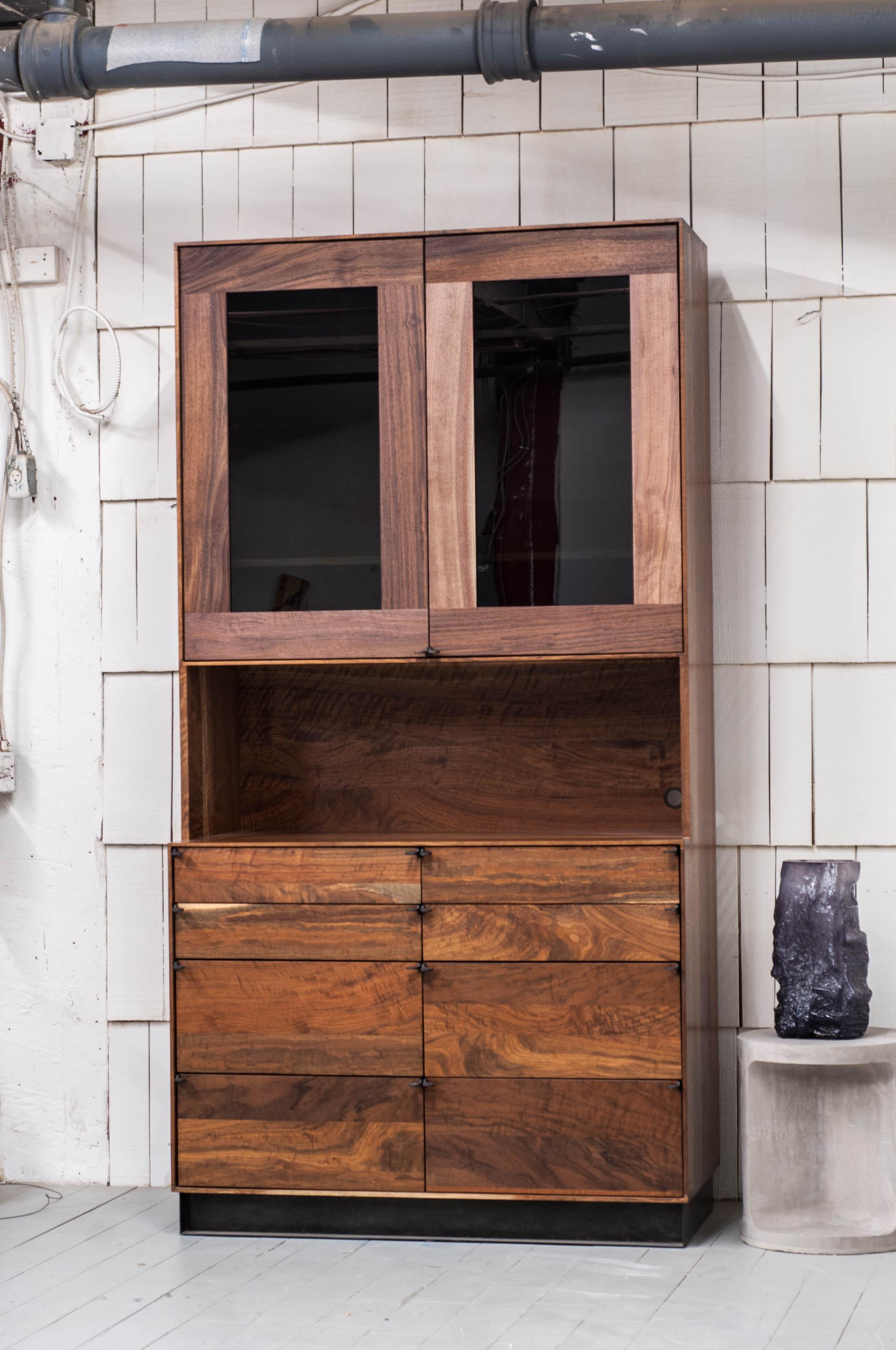 Blackened Field Hutch in Claro Walnut with Smoked Glass Doors