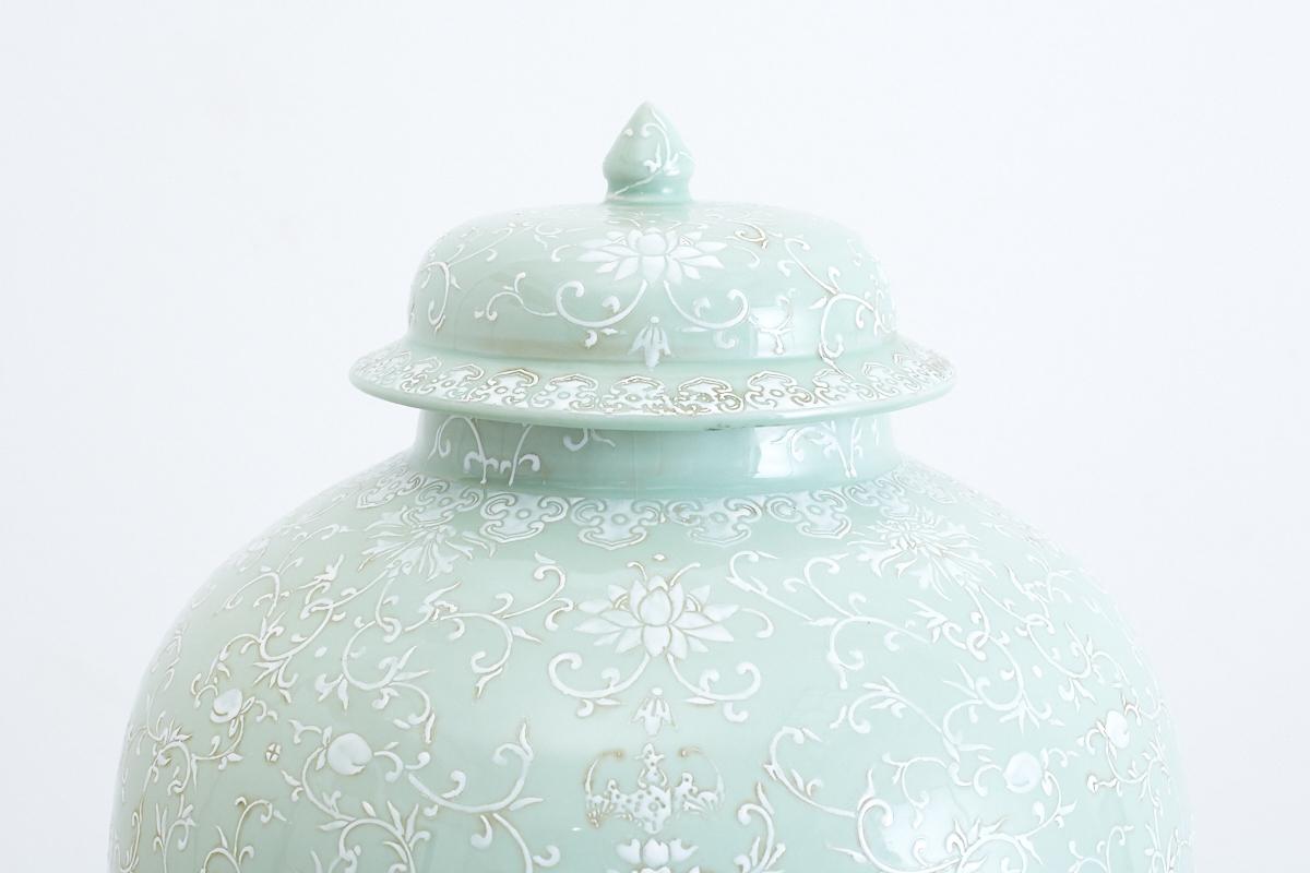 Hand-Crafted Monumental Celadon Ginger Jar with Moriage Decoration