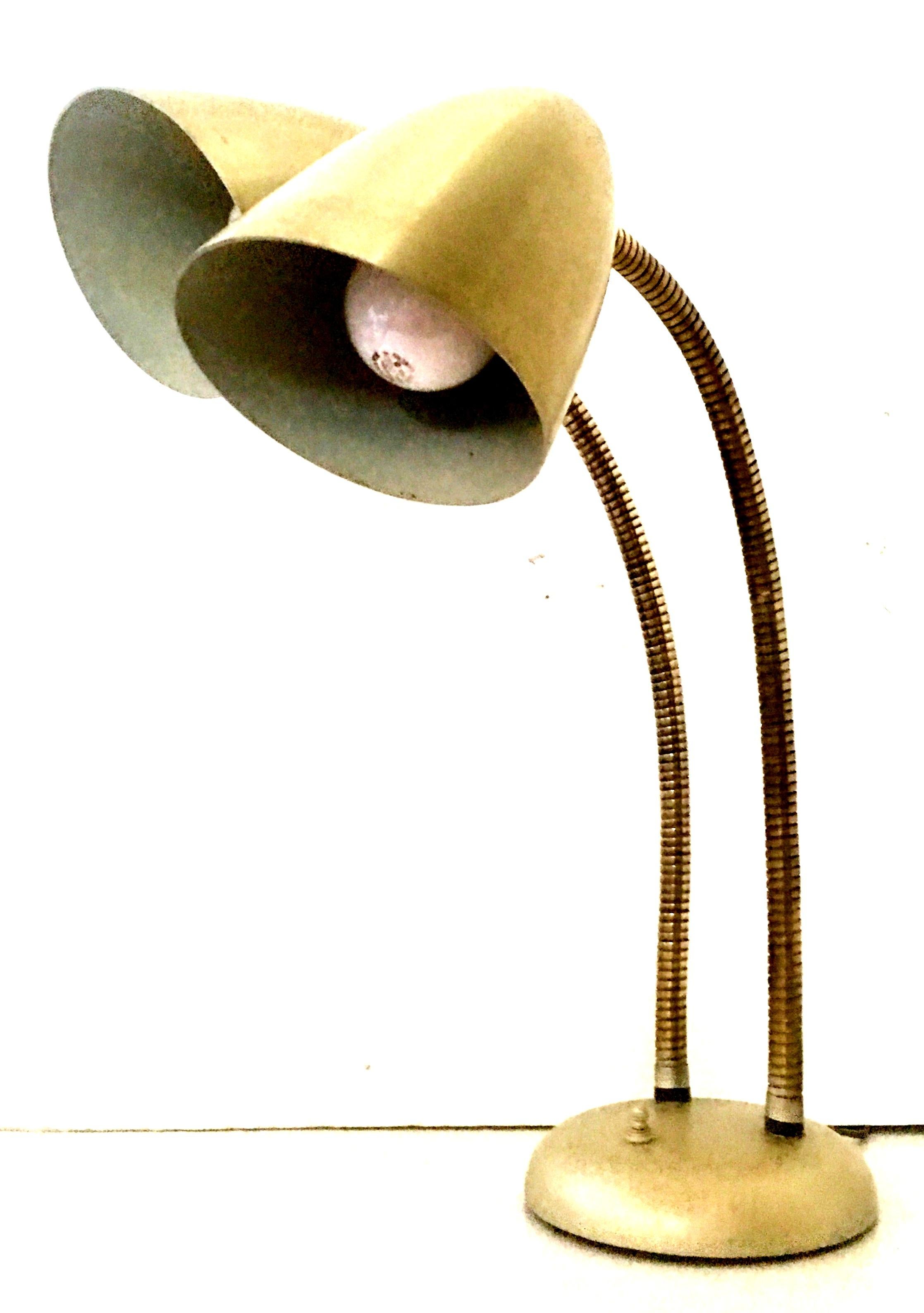 1950'S Gold Double Shade Goose Neck Lamp by Prescolite In Good Condition For Sale In West Palm Beach, FL