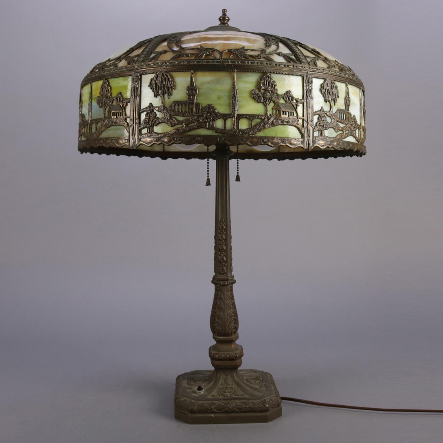 Cast Antique Arts & Crafts Scenic Bradley & Hubbard School Slag Glass Lamp