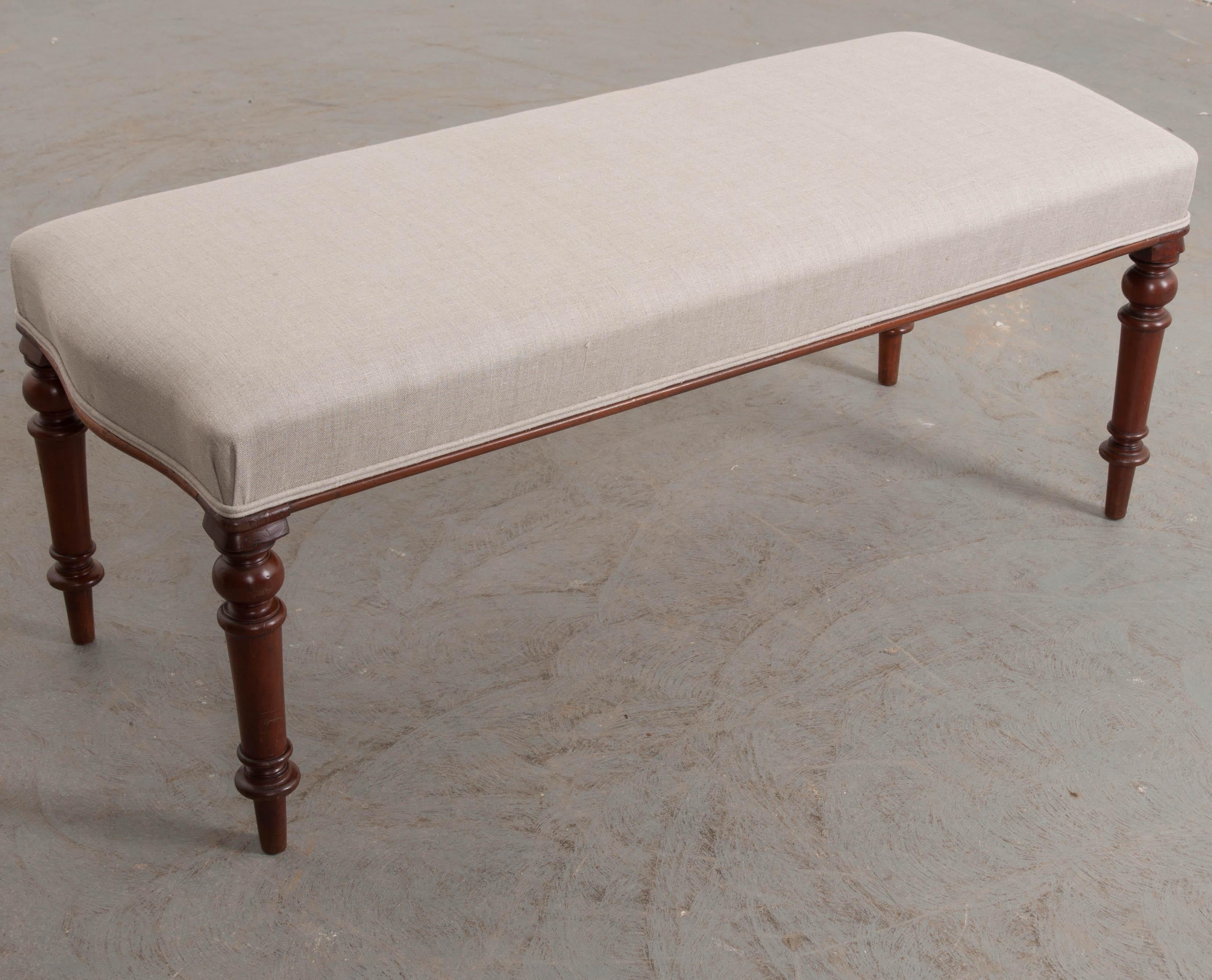 English 19th Century Upholstered Walnut Bench 2