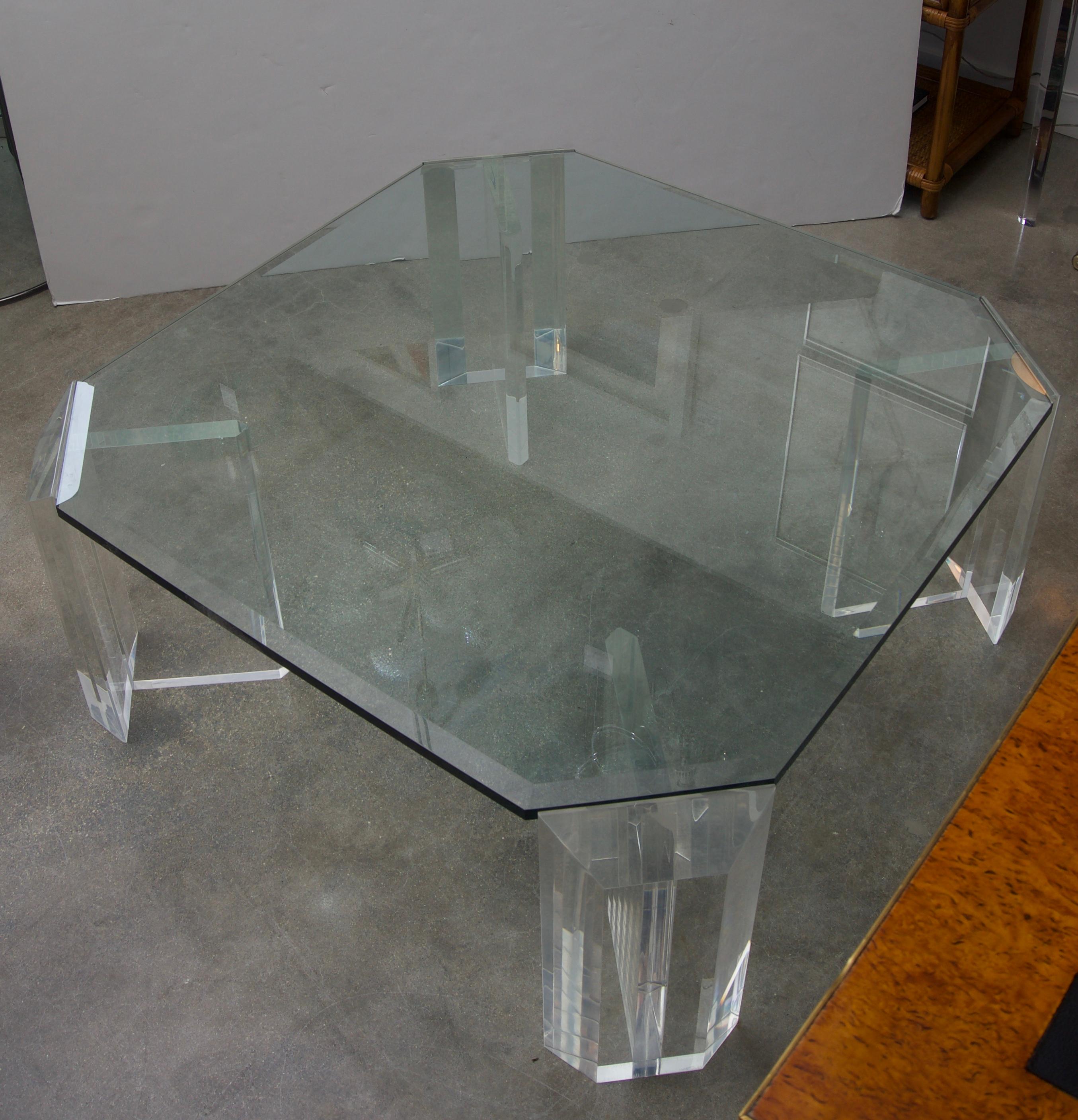 Polished Lucite and Glass Square Cocktail Table