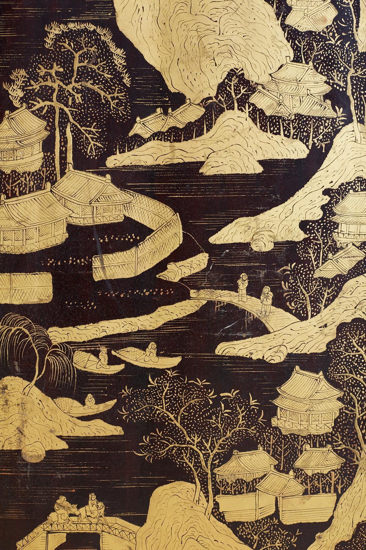 Wood 19th Century Chinese Qing Four-Panel Lacquer Gilt Screen