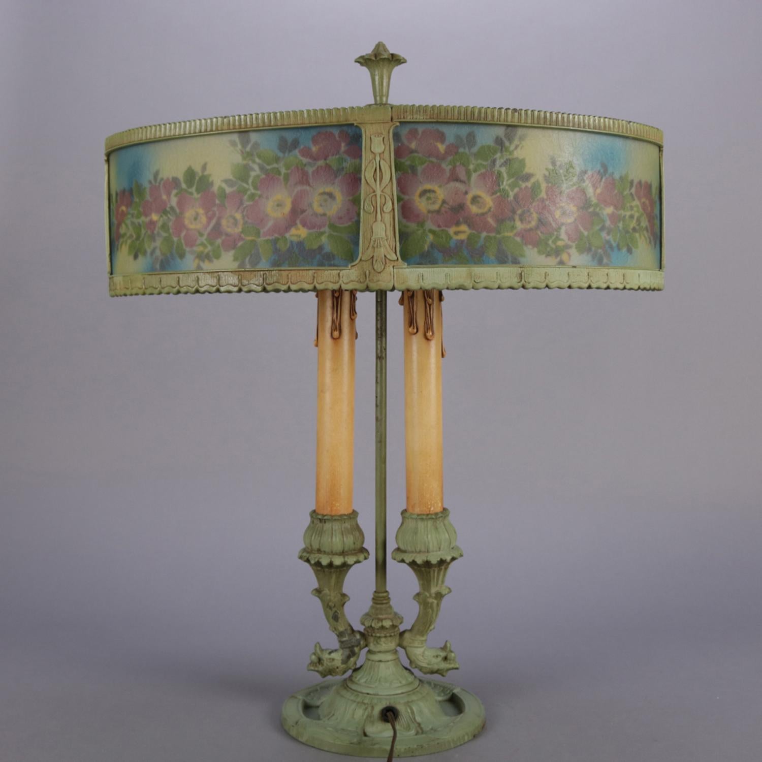 Victorian French Reverse Painted Rainaud Figural Rare Form Bouillotte Table Lamp