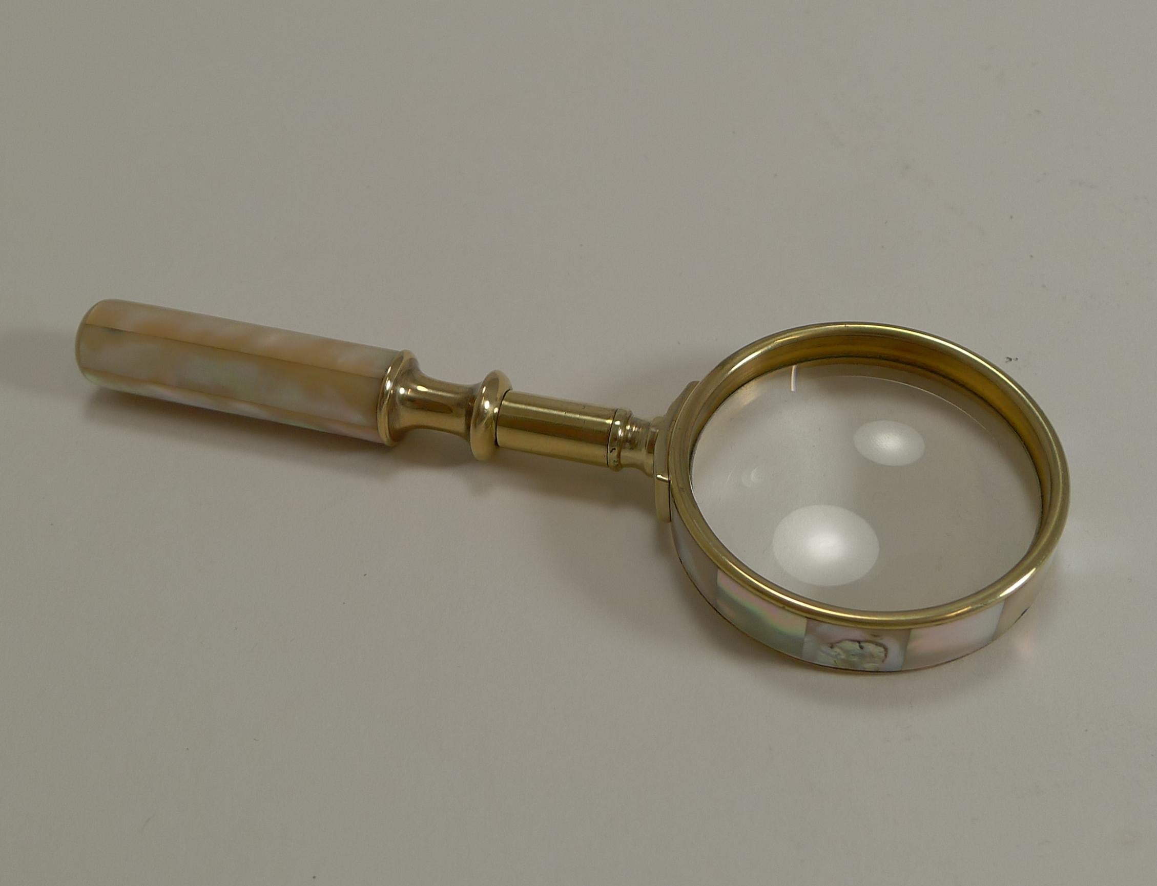 Late 19th Century Fine Quality Antique English Brass and Mother-of-Pearl Magnifying Glass