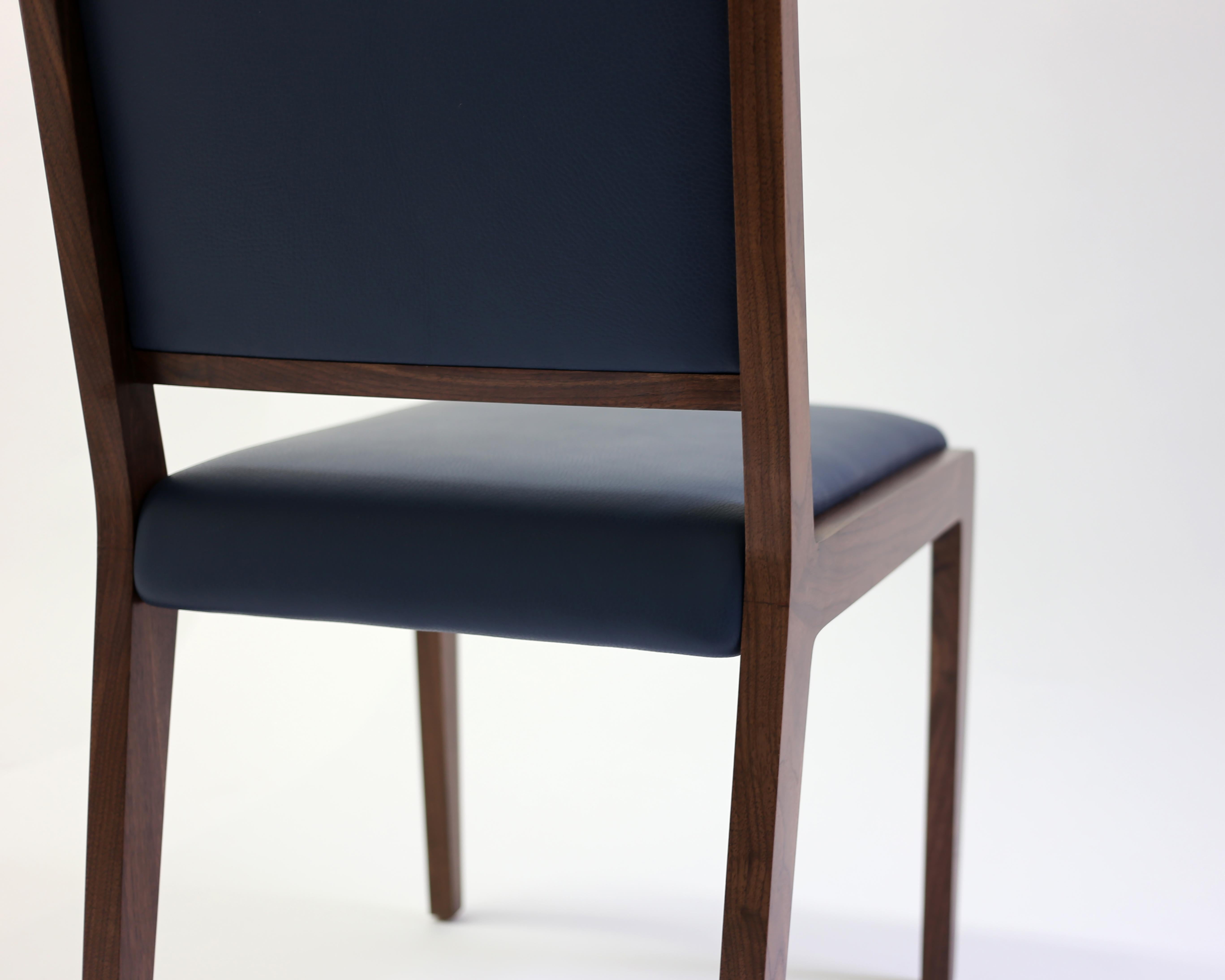 Dining Sidechair with in Blue Leather with Mahogany Wood Frame In New Condition For Sale In Brooklyn, NY