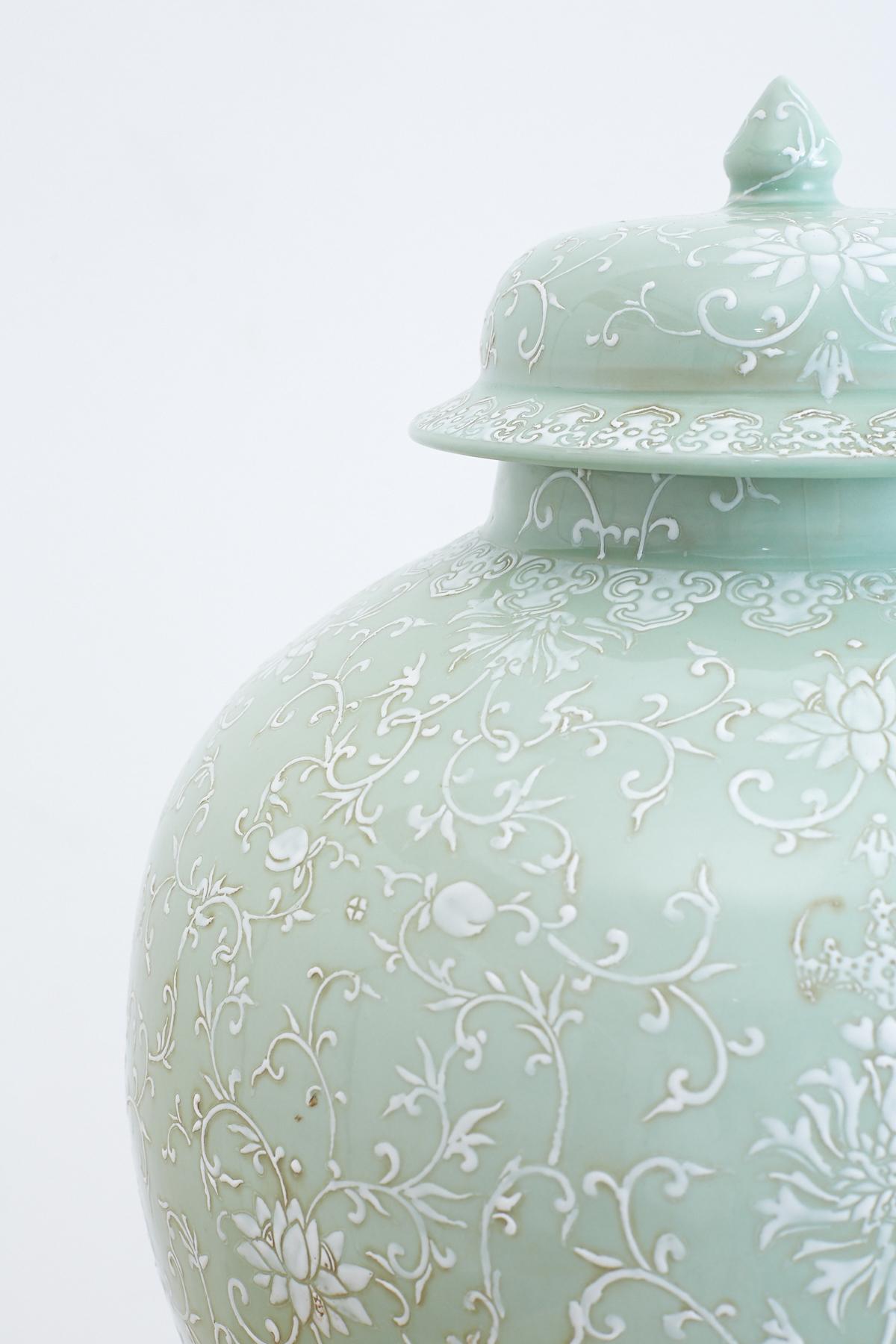 20th Century Monumental Celadon Ginger Jar with Moriage Decoration