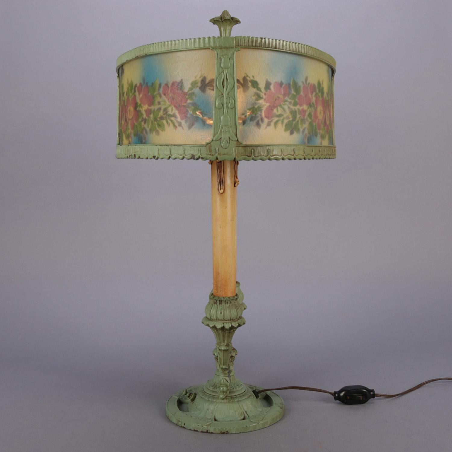 Cast French Reverse Painted Rainaud Figural Rare Form Bouillotte Table Lamp