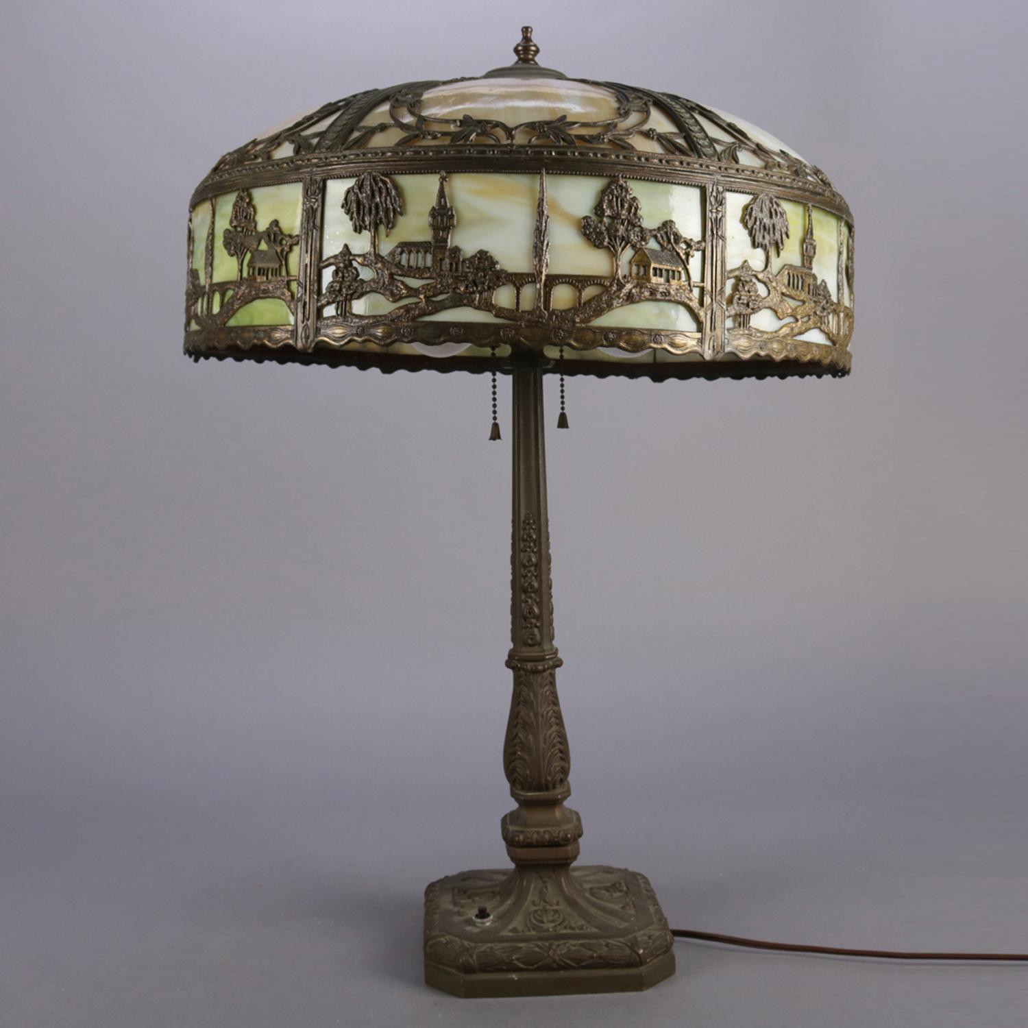 20th Century Antique Arts & Crafts Scenic Bradley & Hubbard School Slag Glass Lamp