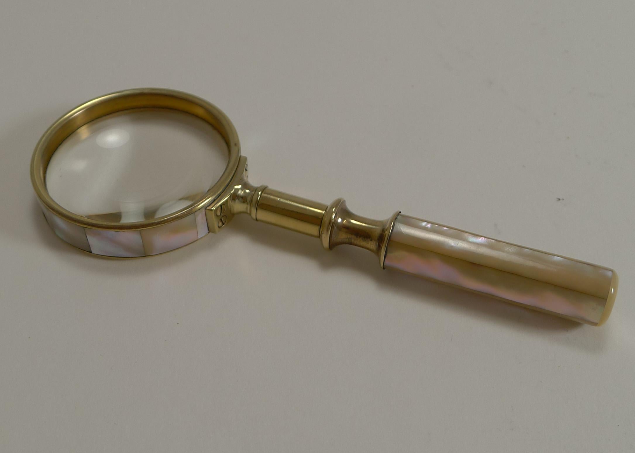 Fine Quality Antique English Brass and Mother-of-Pearl Magnifying Glass 1