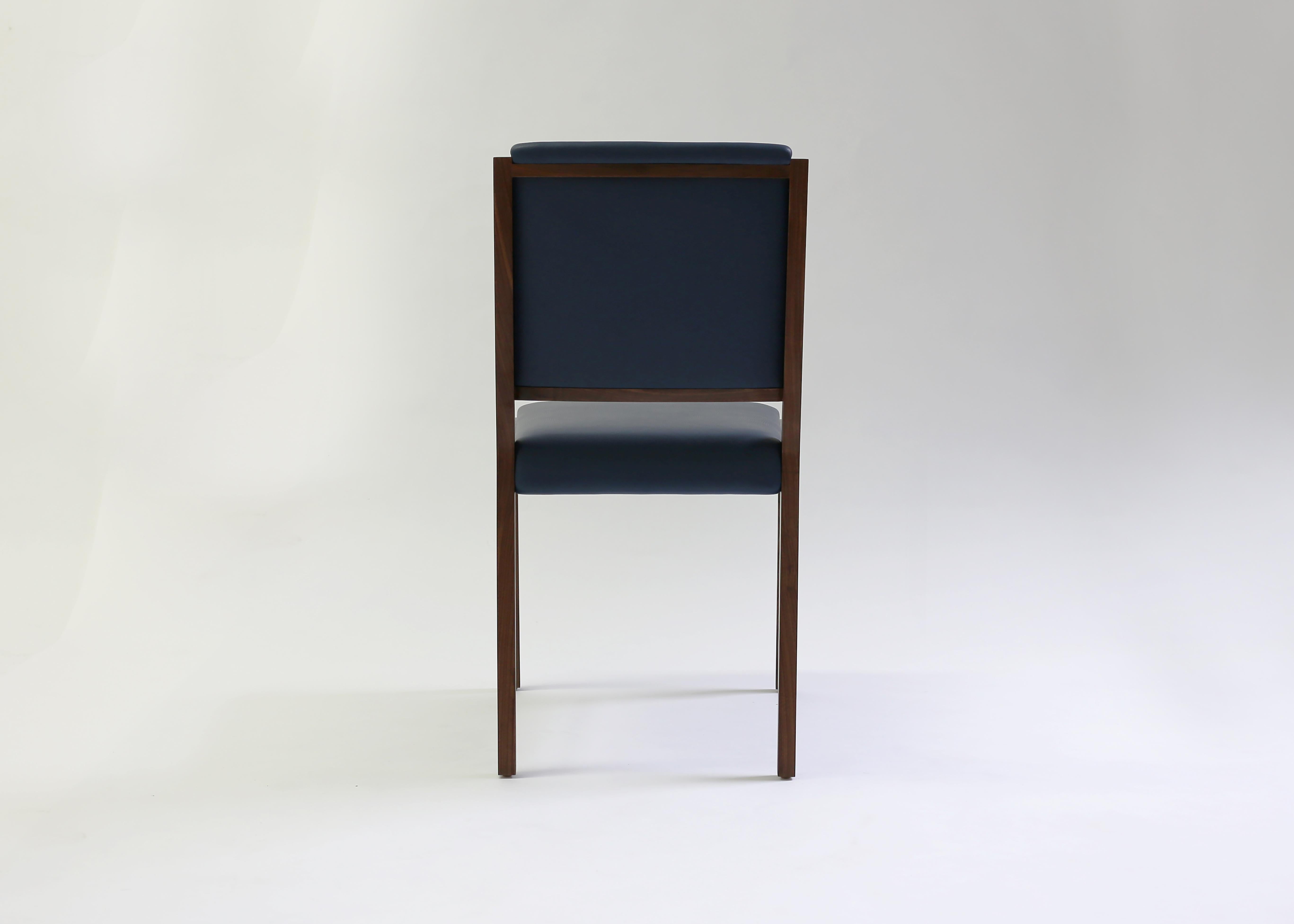 Contemporary Dining Sidechair with in Blue Leather with Mahogany Wood Frame For Sale