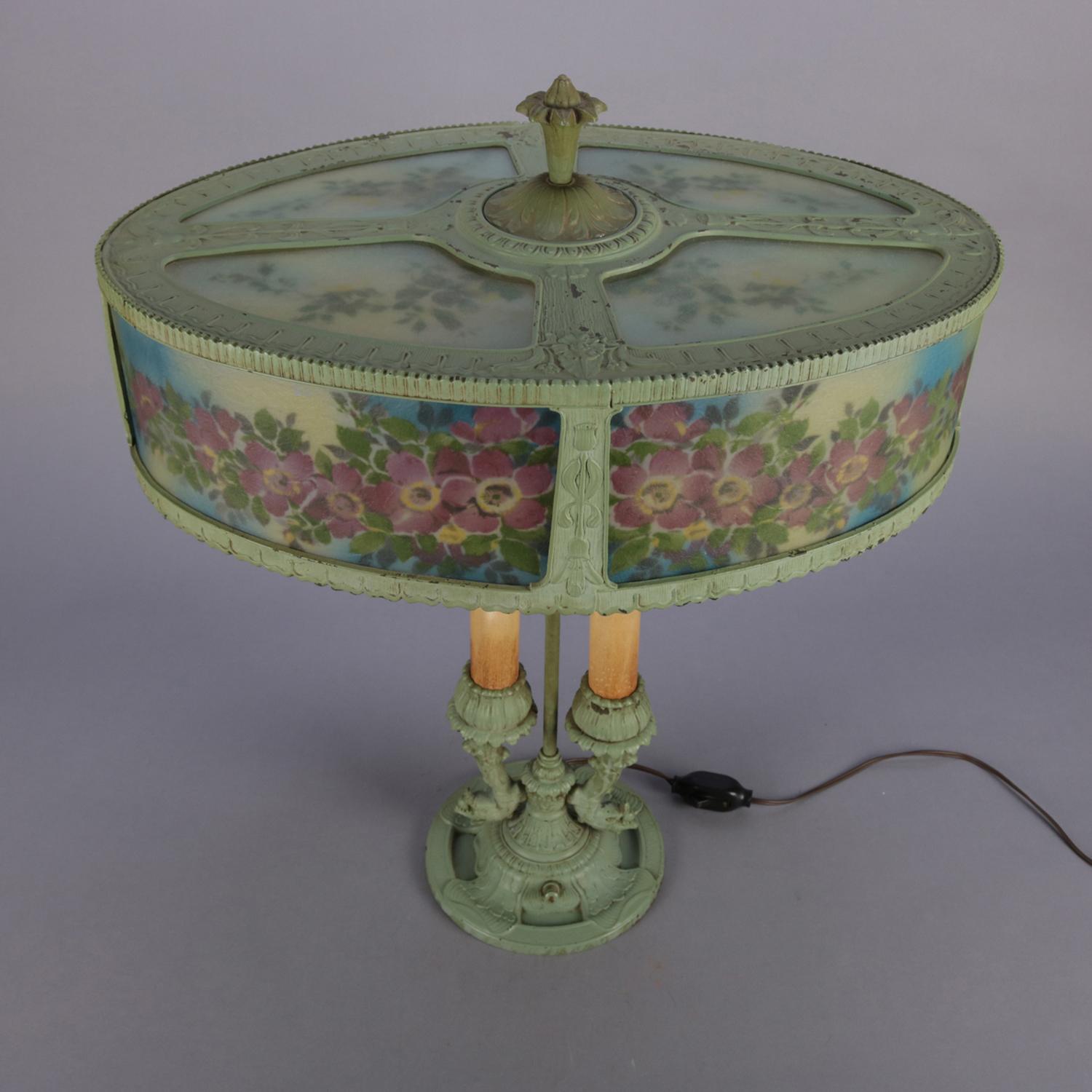 French Reverse Painted Rainaud Figural Rare Form Bouillotte Table Lamp In Good Condition In Big Flats, NY