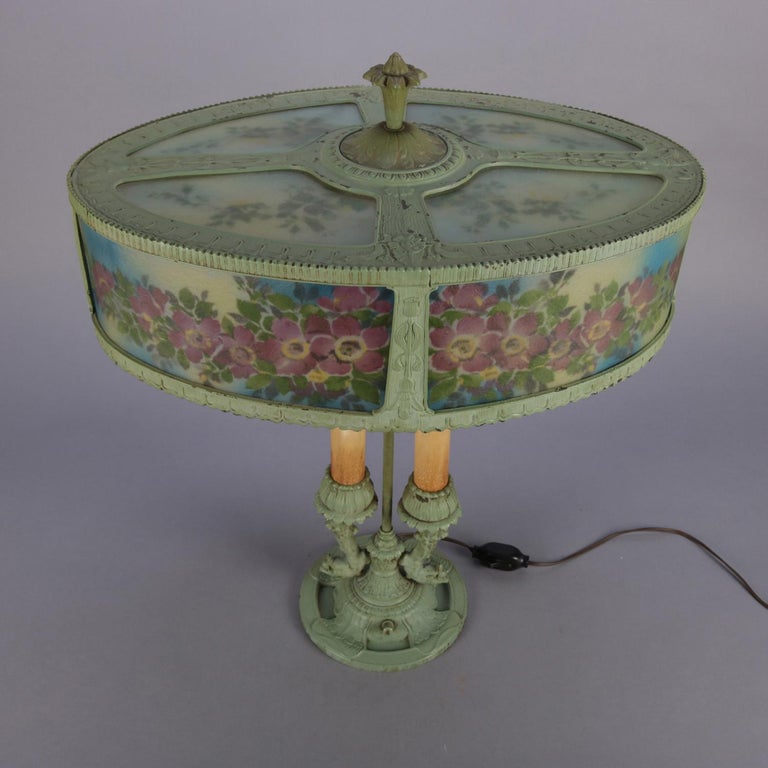 French Reverse Painted Rainaud Figural Rare Form Bouillotte Table Lamp