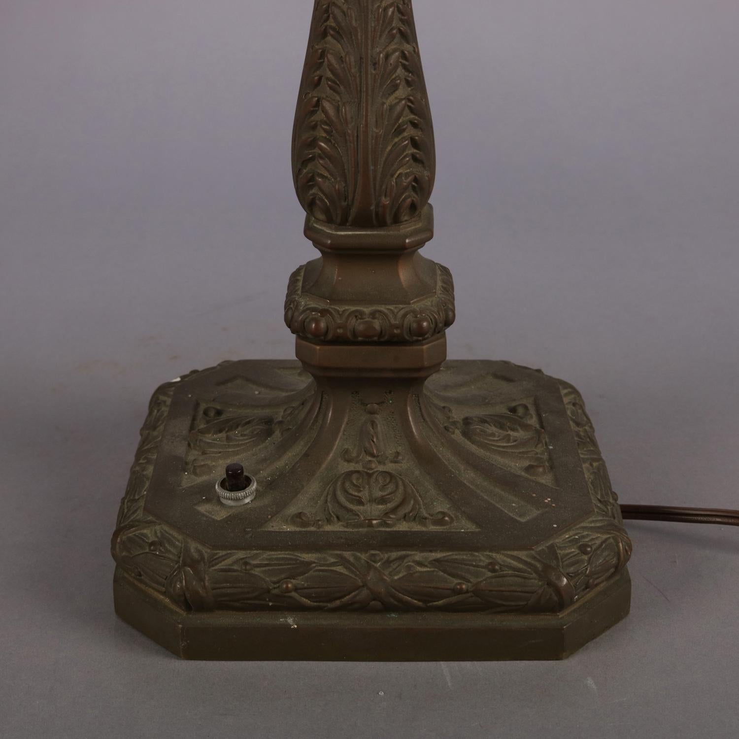 Metal Antique Arts & Crafts Scenic Bradley & Hubbard School Slag Glass Lamp