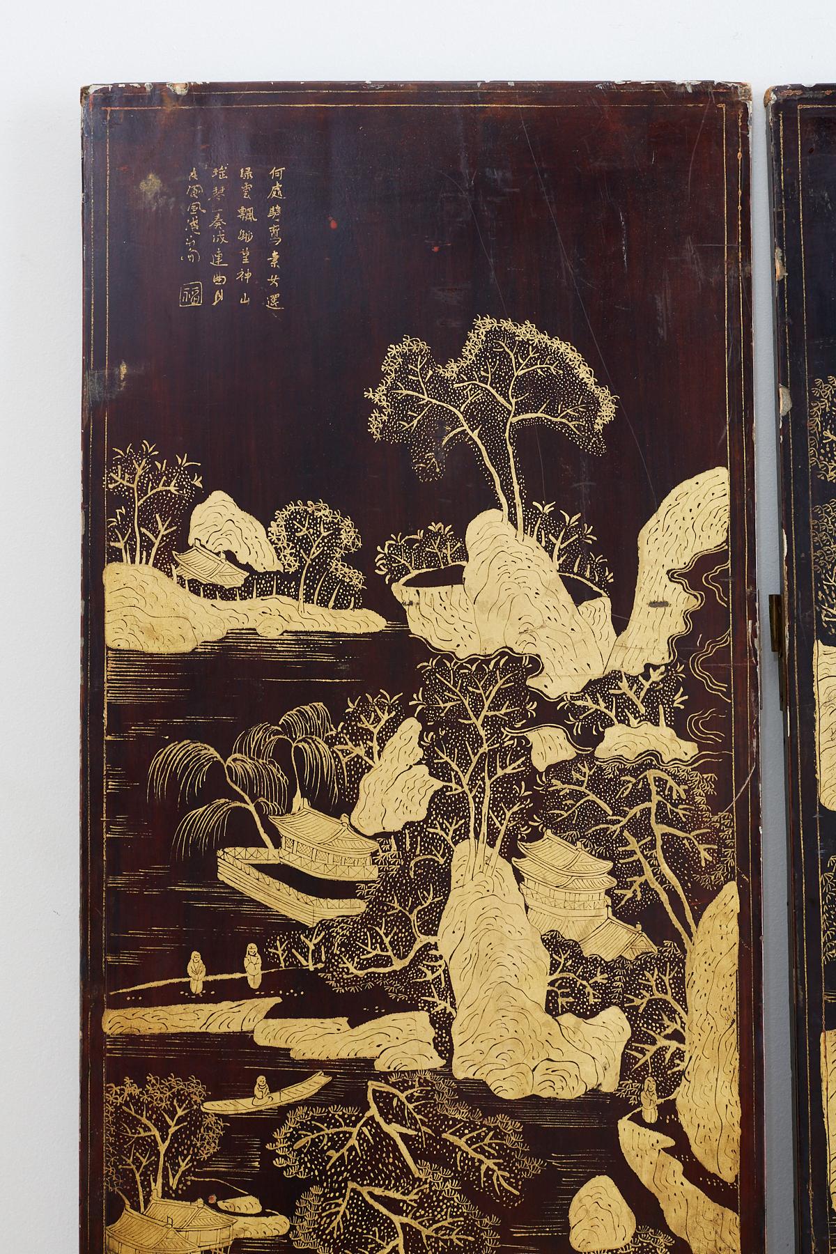 19th Century Chinese Qing Four-Panel Lacquer Gilt Screen 3
