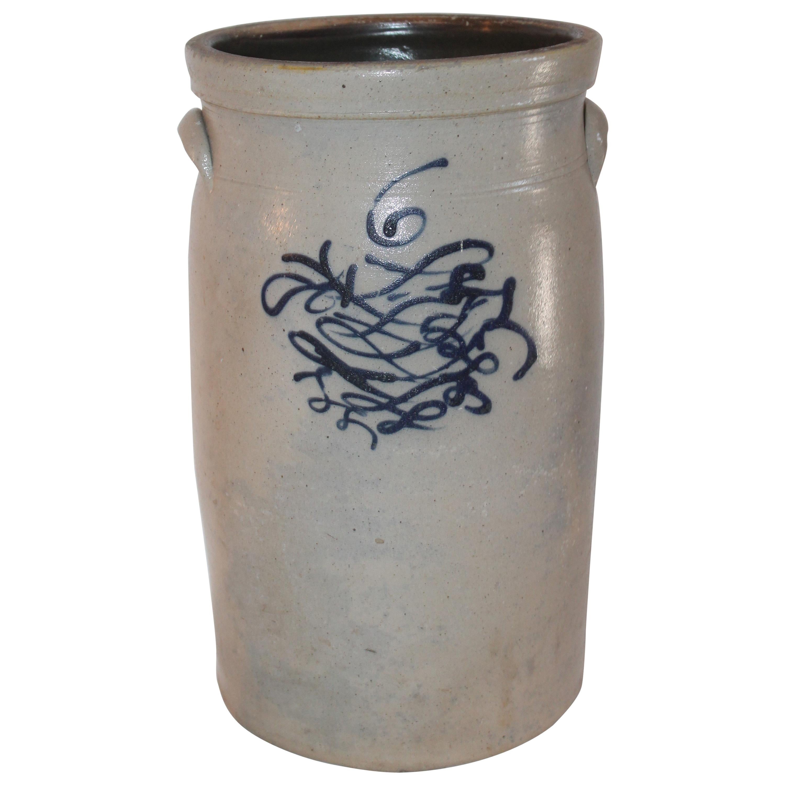 19th Century  Butter Churn Crock With Blue Decoration For Sale