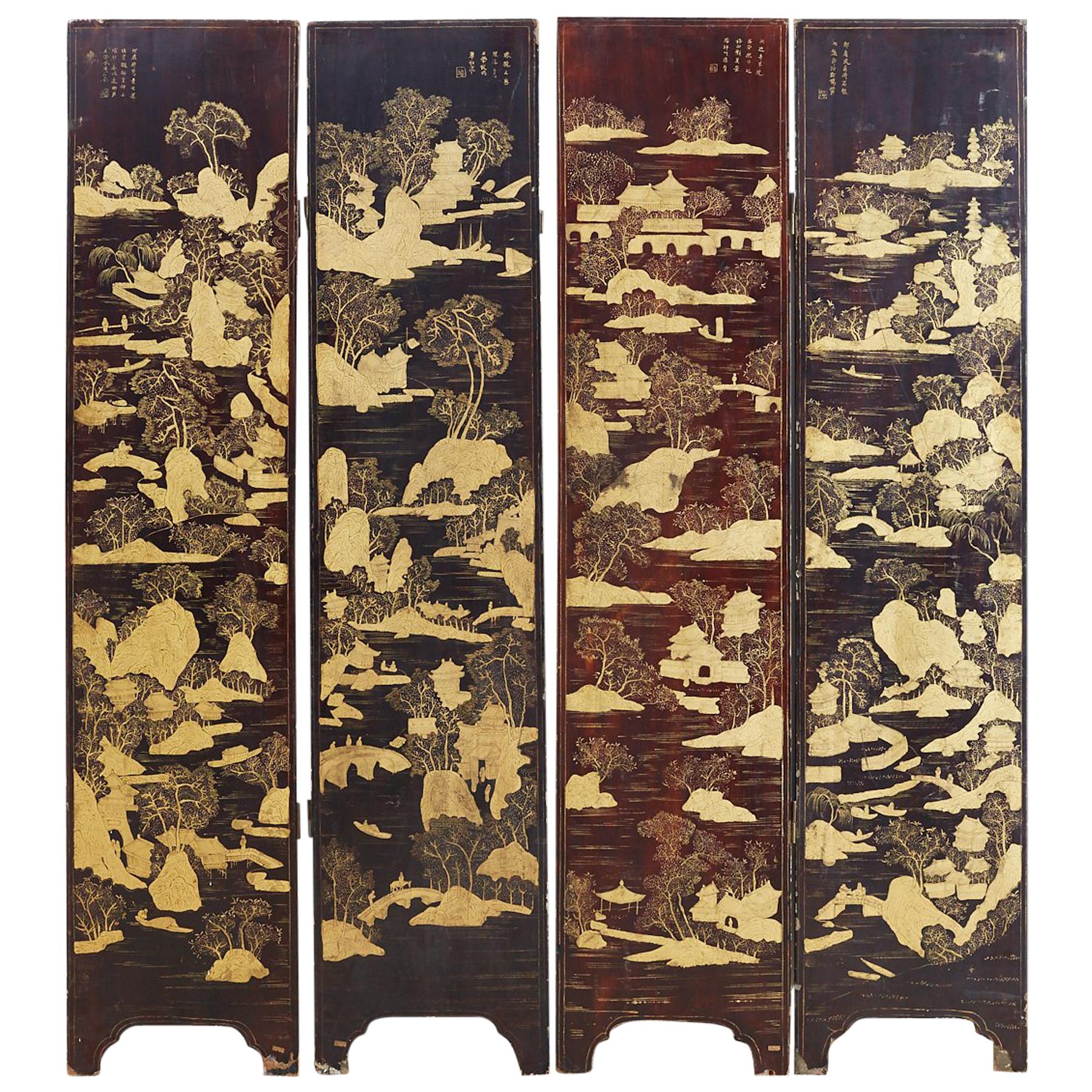 19th Century Chinese Qing Four-Panel Lacquer Gilt Screen