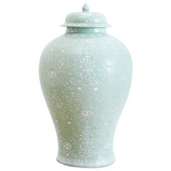 Monumental Celadon Ginger Jar with Moriage Decoration