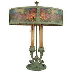 Antique French Reverse Painted Rainaud Figural Rare Form Bouillotte Table Lamp