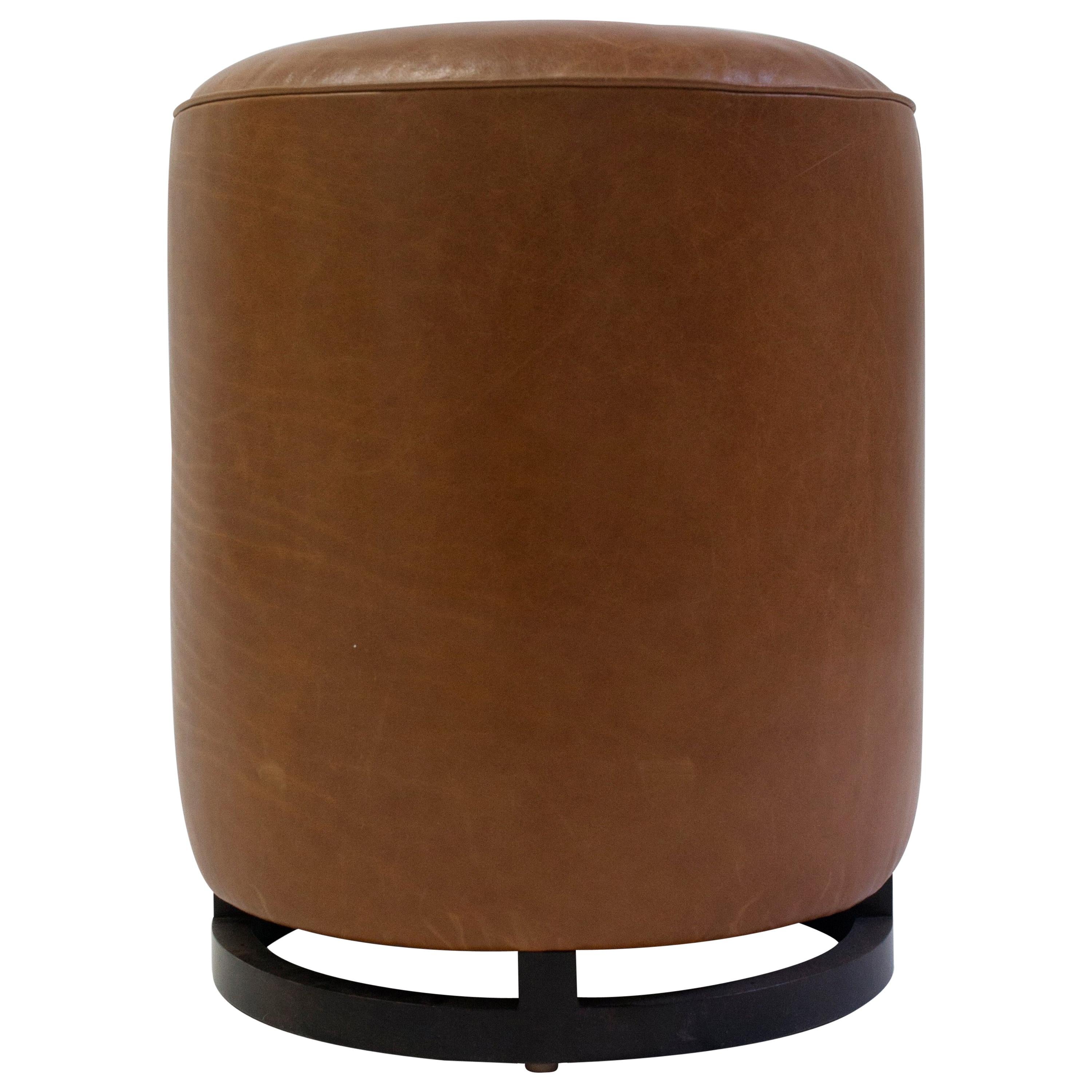 Round Leather Pouf on Dark Mahogany Base with Circular Detail at Seat For Sale