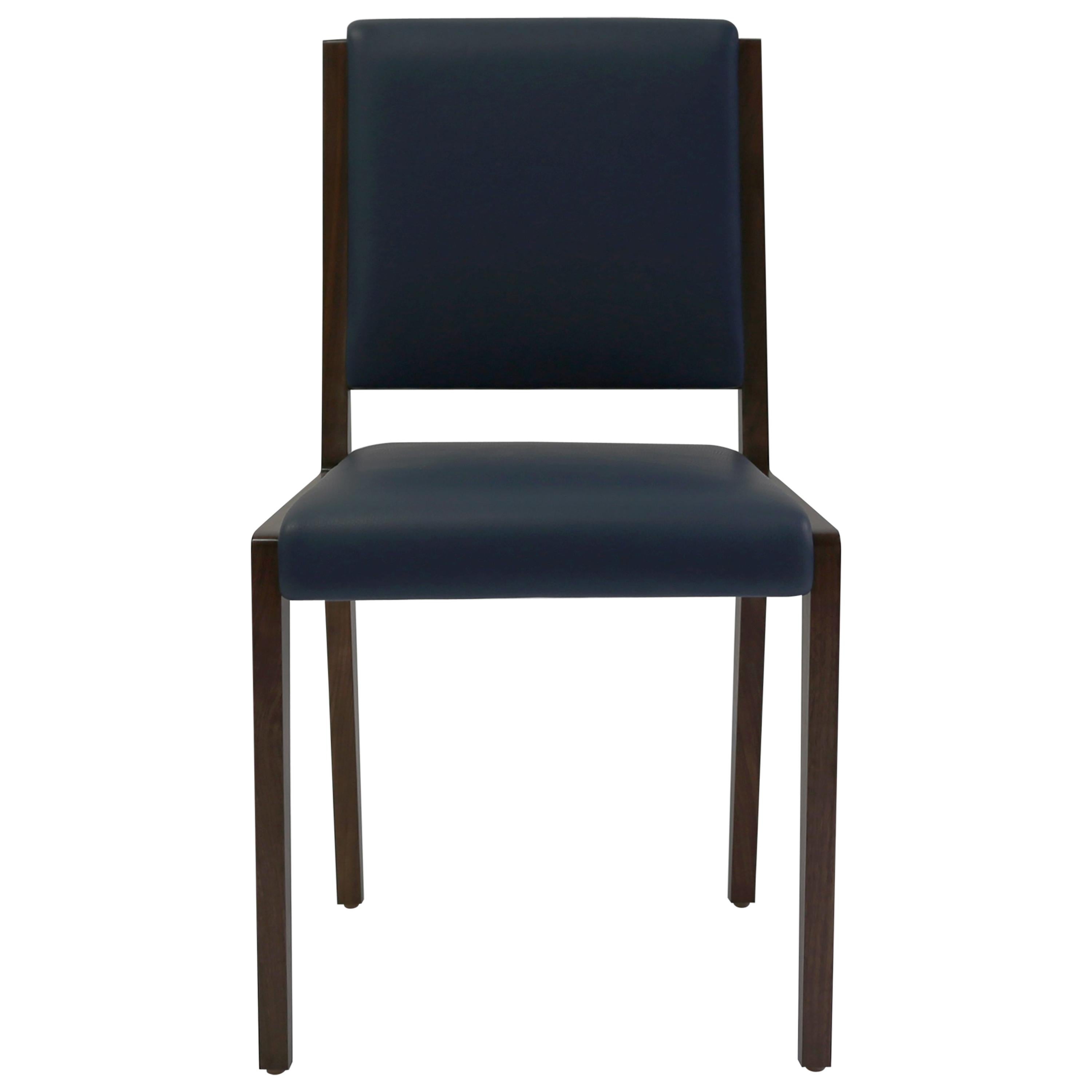 Dining Sidechair with in Blue Leather with Mahogany Wood Frame For Sale