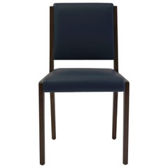 Dining Sidechair with in Blue Leather with Mahogany Wood Frame