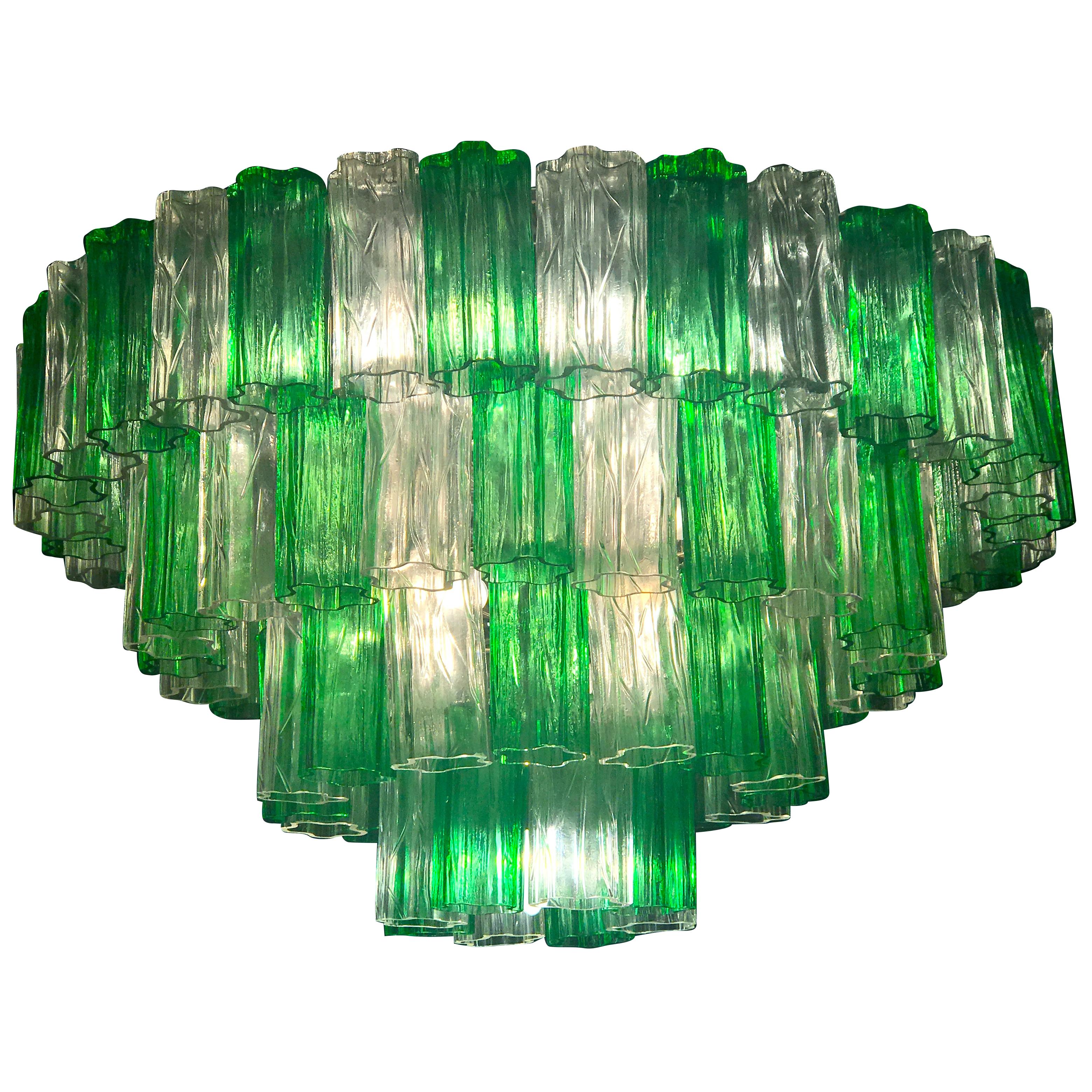 Venini Modern Emerald Green and Ice Color Murano Glass Chandelier or Flush Mount