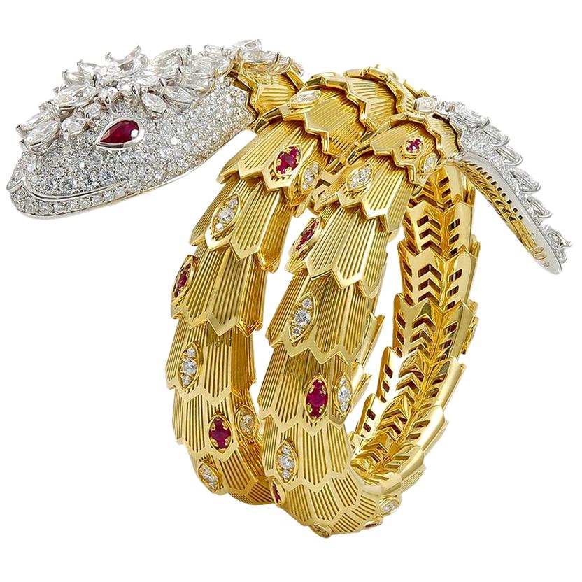Bulgari Diamond Ruby Gold Serpenti Bracelet