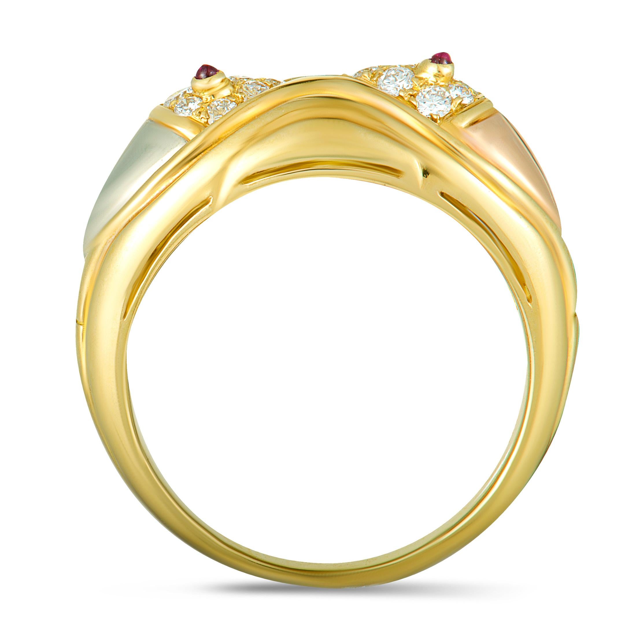 Elevate your style in a compellingly sumptuous manner with this superb Bvlgari ring that embodies the very essence of luxe extravagance. The ring is beautifully made of 18K yellow, 18K white and 18K rose gold and it is embellished with dazzling