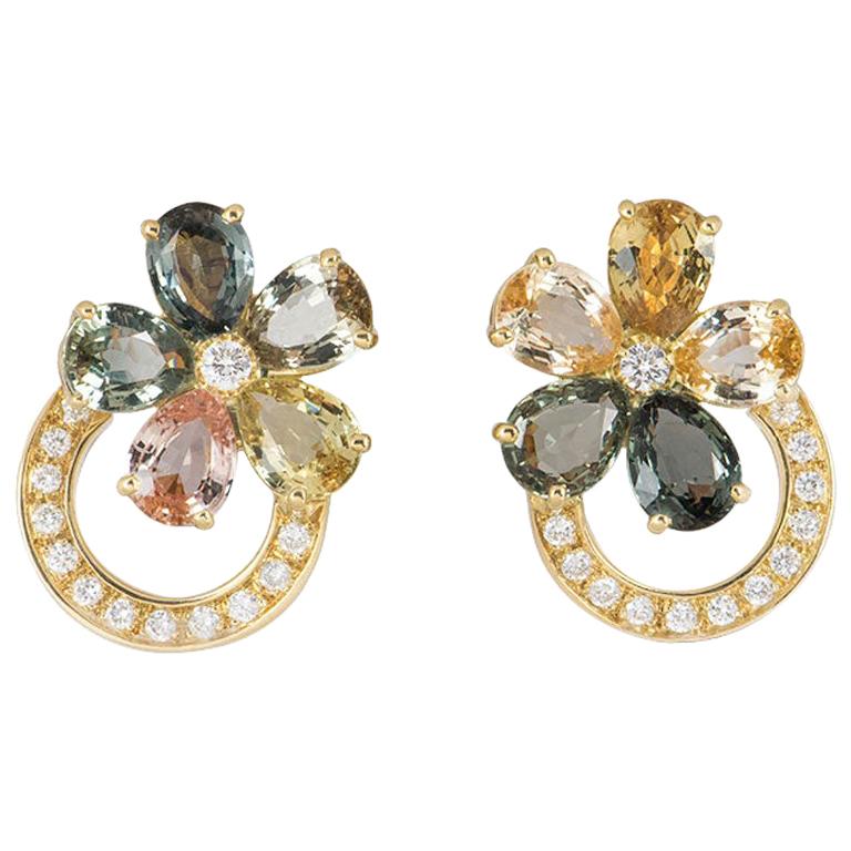 Boucles D'Oreilles Vintage En Or - Fleurs Serties De Saphirs Et Diamants | Bijou Ancien Occasion