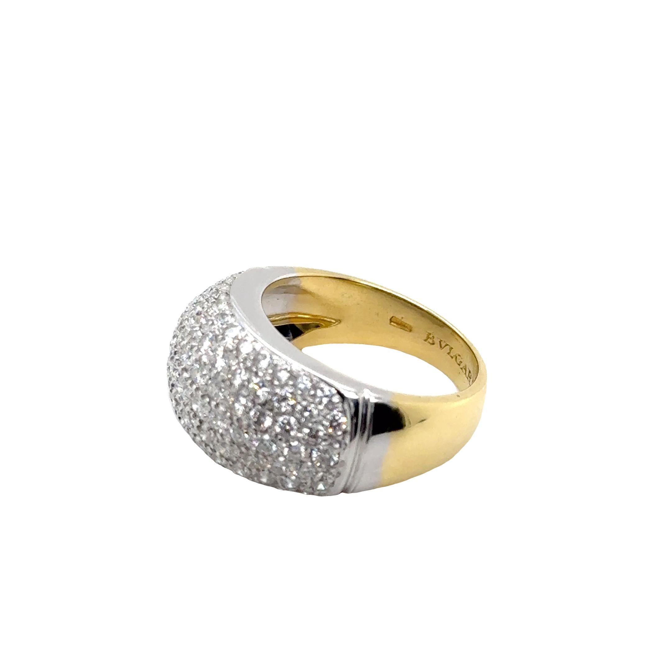 Pre-owned Bulgari Diamond Bombe ring Circa 1990-2000
An impressive Bulgari Diamond Bombe ring set in 18ct yellow and white gold.
A beautiful piece set with 1.60ct of total diamond weight.
Bulgari was founded in 1884 and has since become the powerful