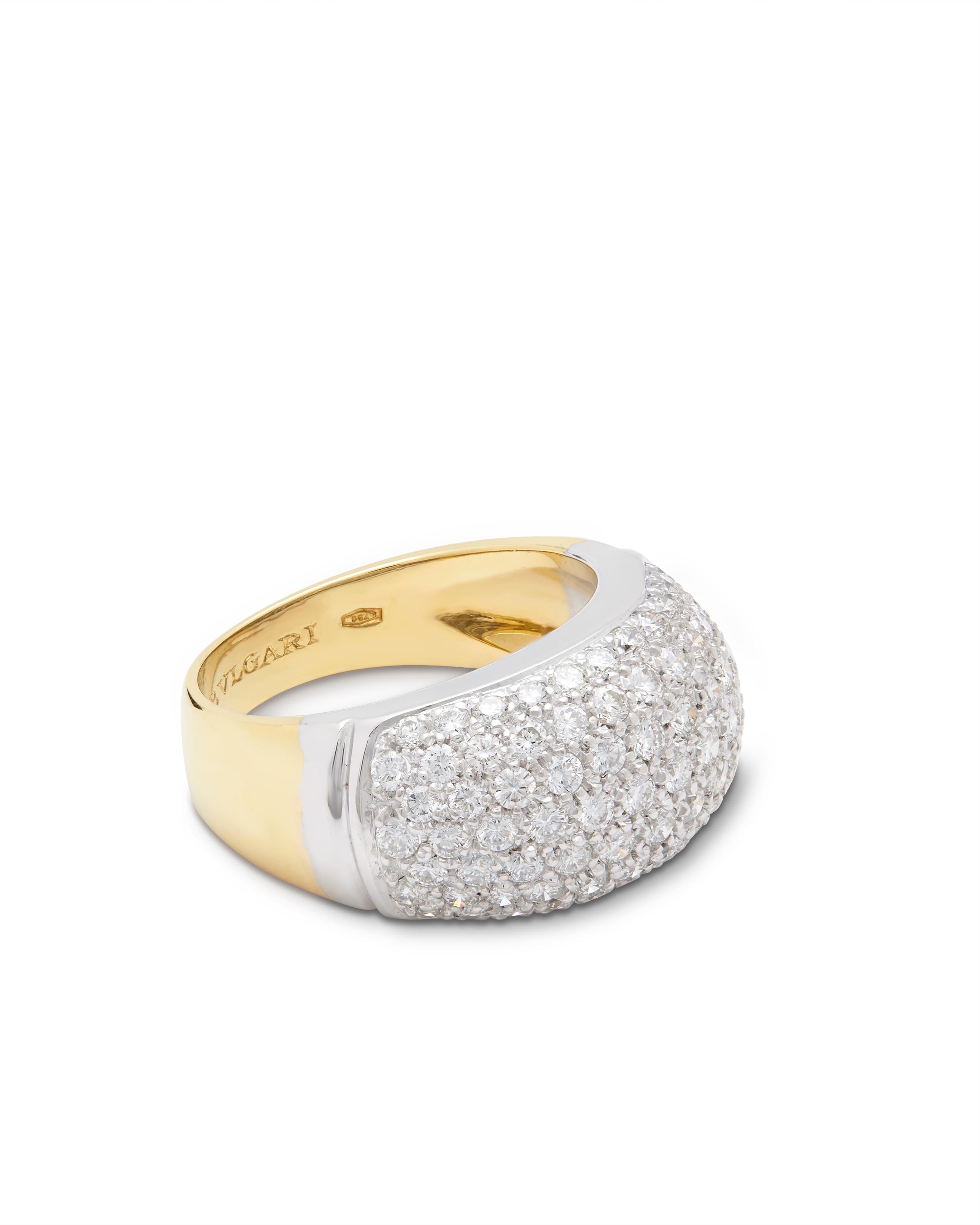 Pre-owned Bulgari Diamond Bombe ring Circa 1990-2000
An impressive Bulgari Diamond Bombe ring set in 18ct yellow and white gold.
A beautiful piece set with 1.60ct of total diamond weight.
Bulgari was founded in 1884 and has since become the powerful
