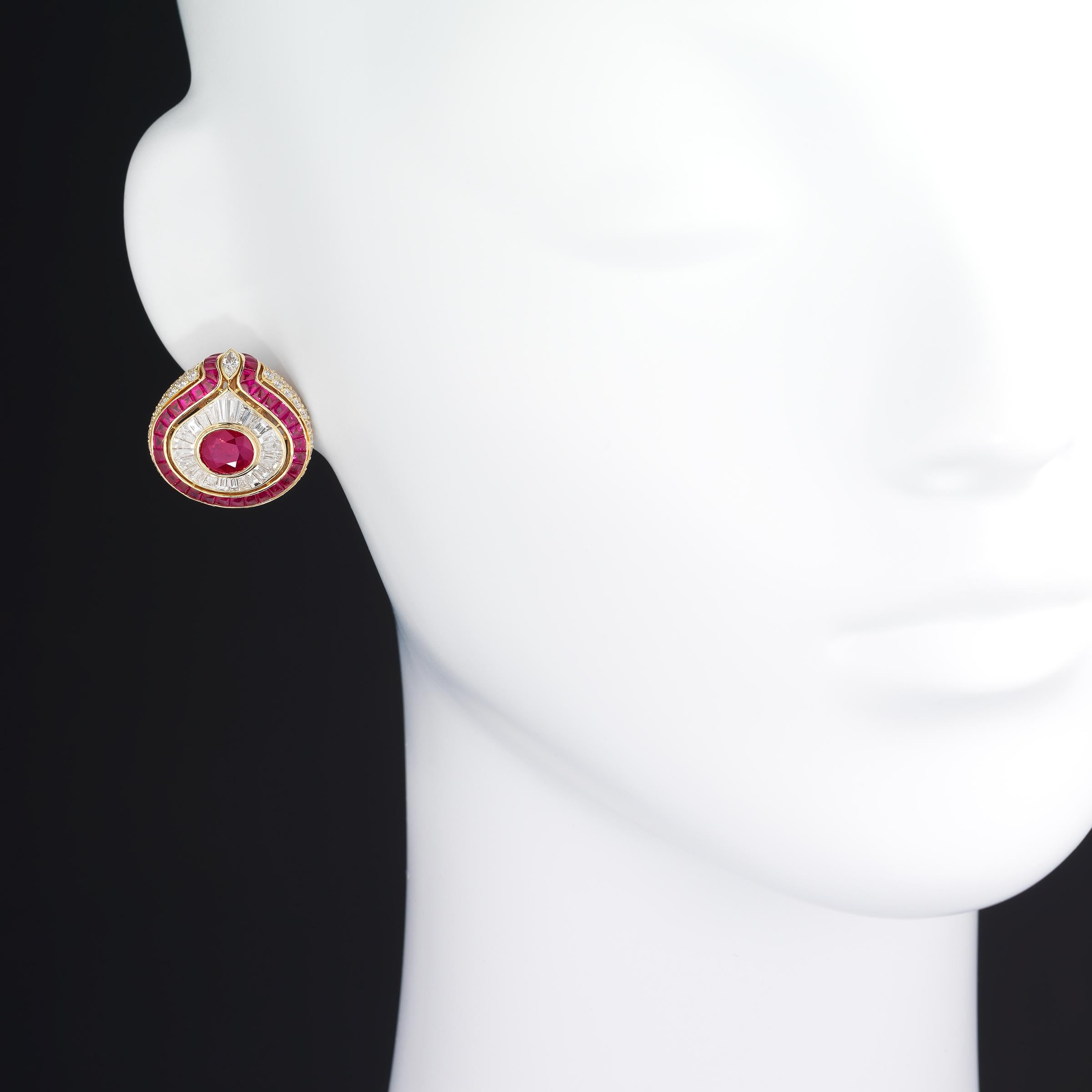 Mixed Cut Bulgari Diamond Burma Ruby Bombe Earrings in 18 Karat Gold For Sale
