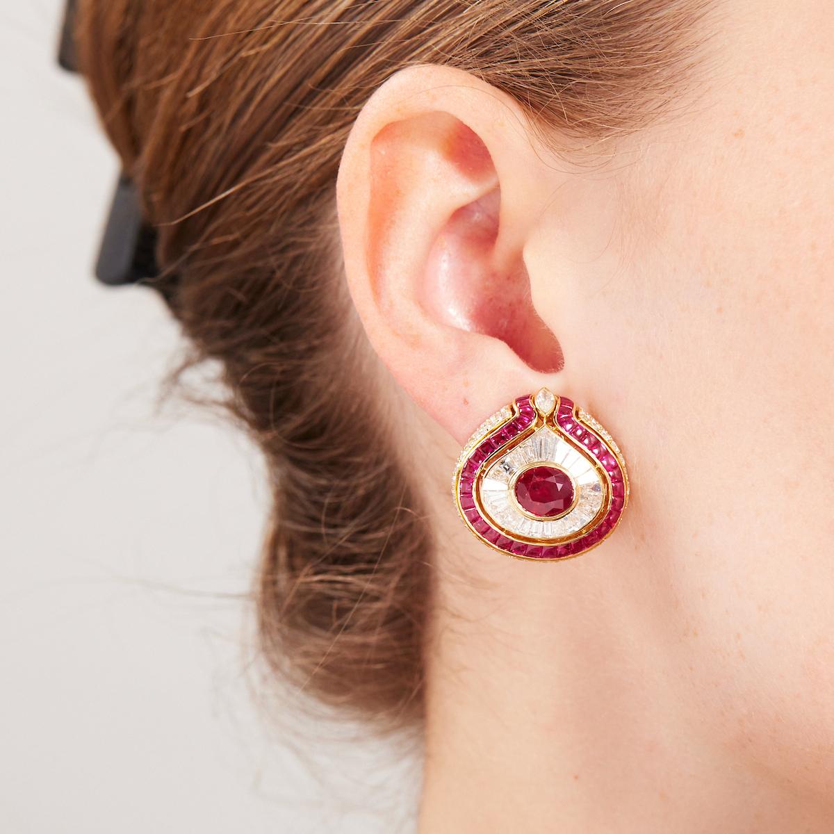 Mixed Cut Bulgari Diamond Burma Ruby Bombe Earrings in 18 Karat Gold For Sale