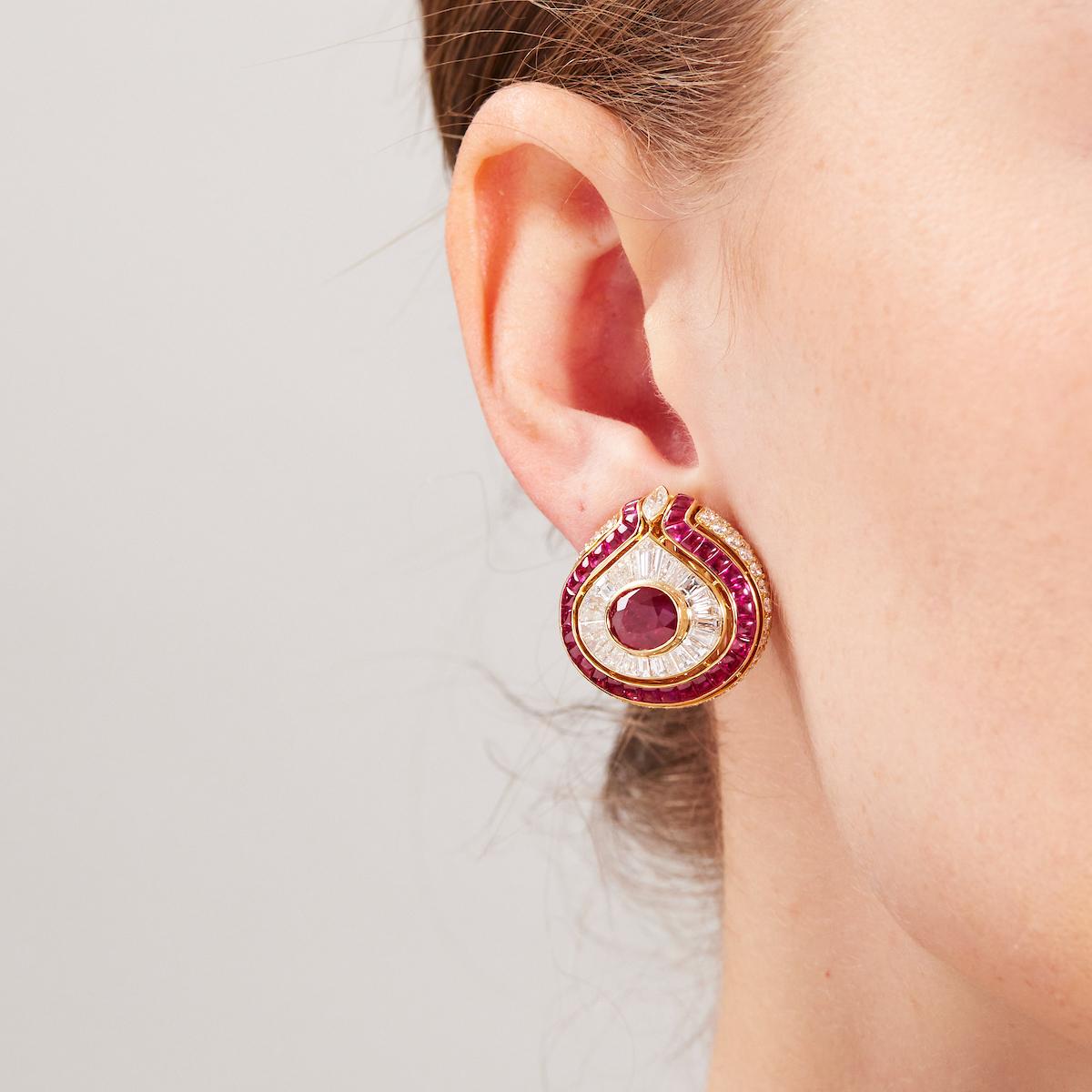 Bulgari Diamond Burma Ruby Bombe Earrings in 18 Karat Gold In Excellent Condition For Sale In Dallas, TX