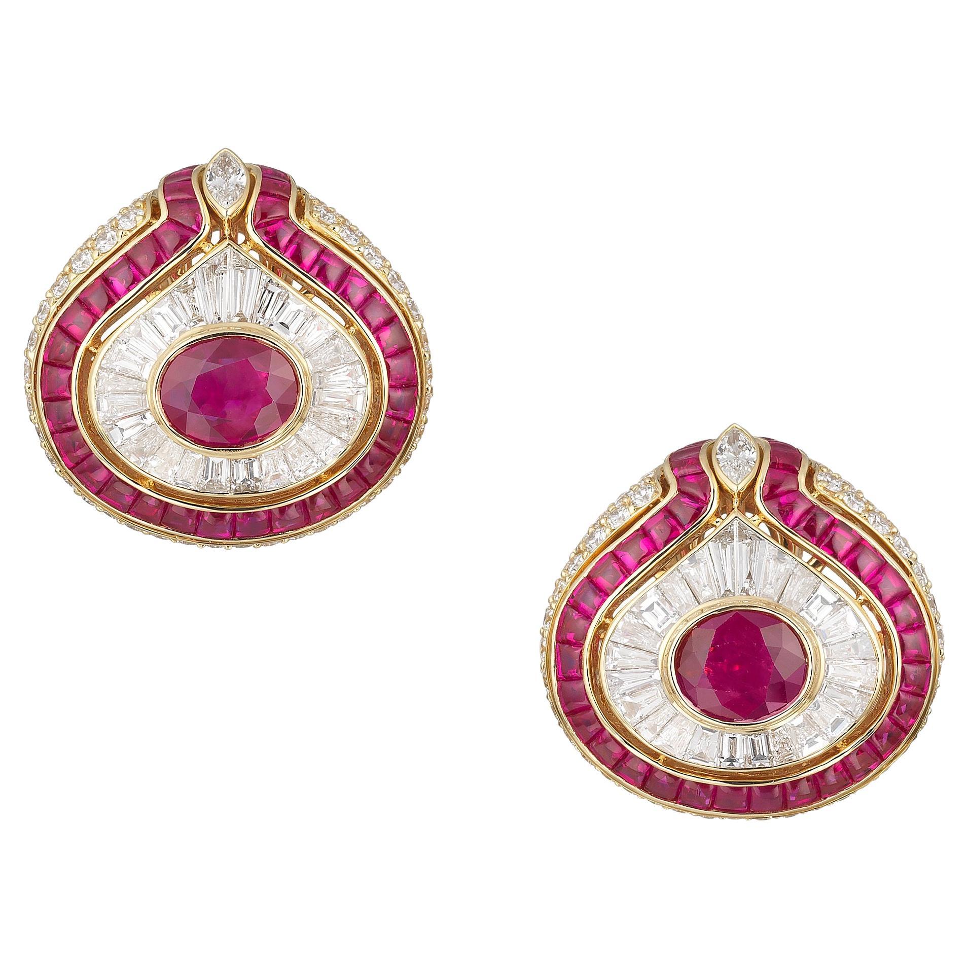 Bulgari Diamond Burma Ruby Bombe Earrings in 18 Karat Gold For Sale