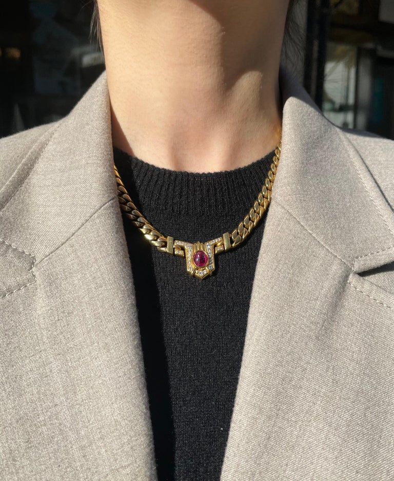 Women's or Men's Bulgari Diamond & Cabochon Ruby 18k Gold Necklace For Sale