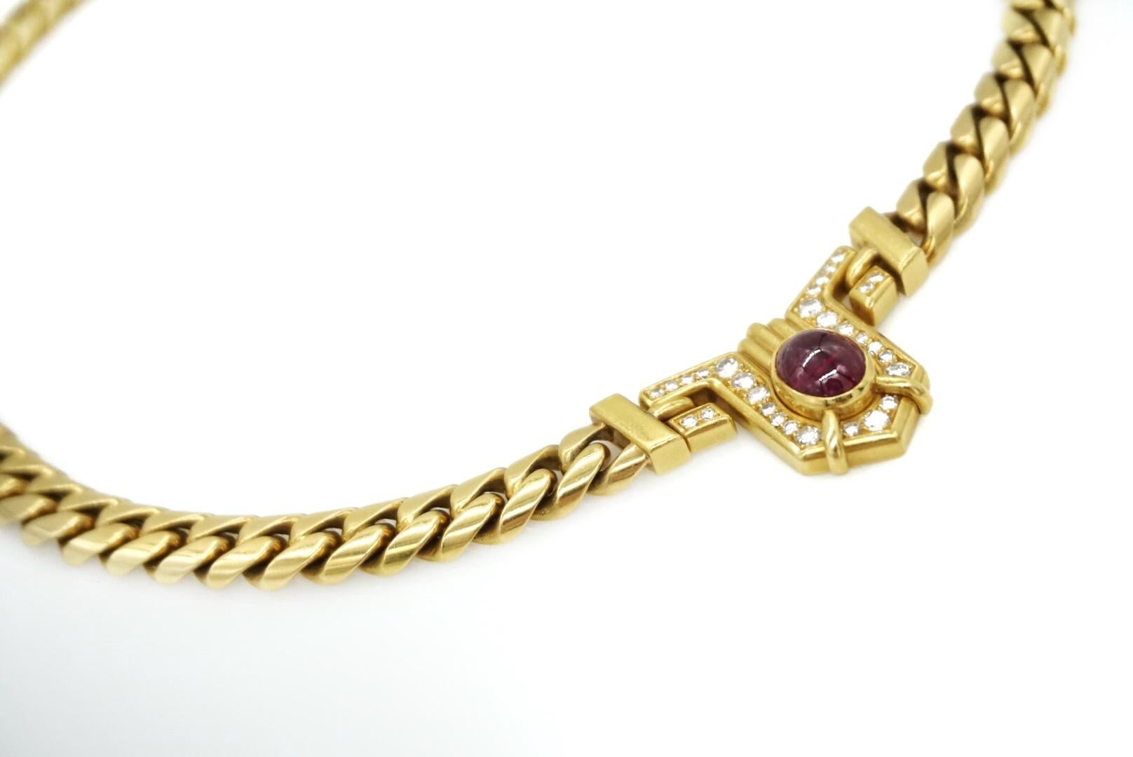 Women's or Men's Bulgari Diamond & Cabochon Ruby 18k Gold Necklace