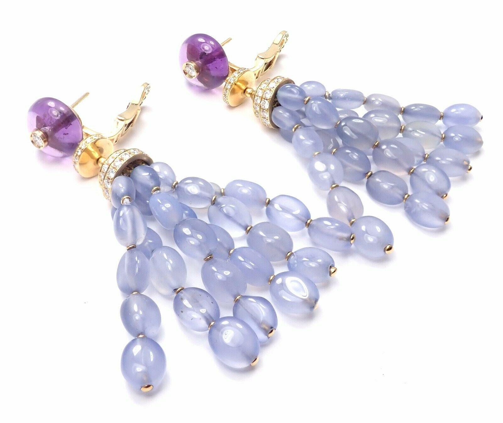 Bulgari Diamond Chalcedony Amethyst Yellow Gold Drop Earrings In Excellent Condition In Holland, PA