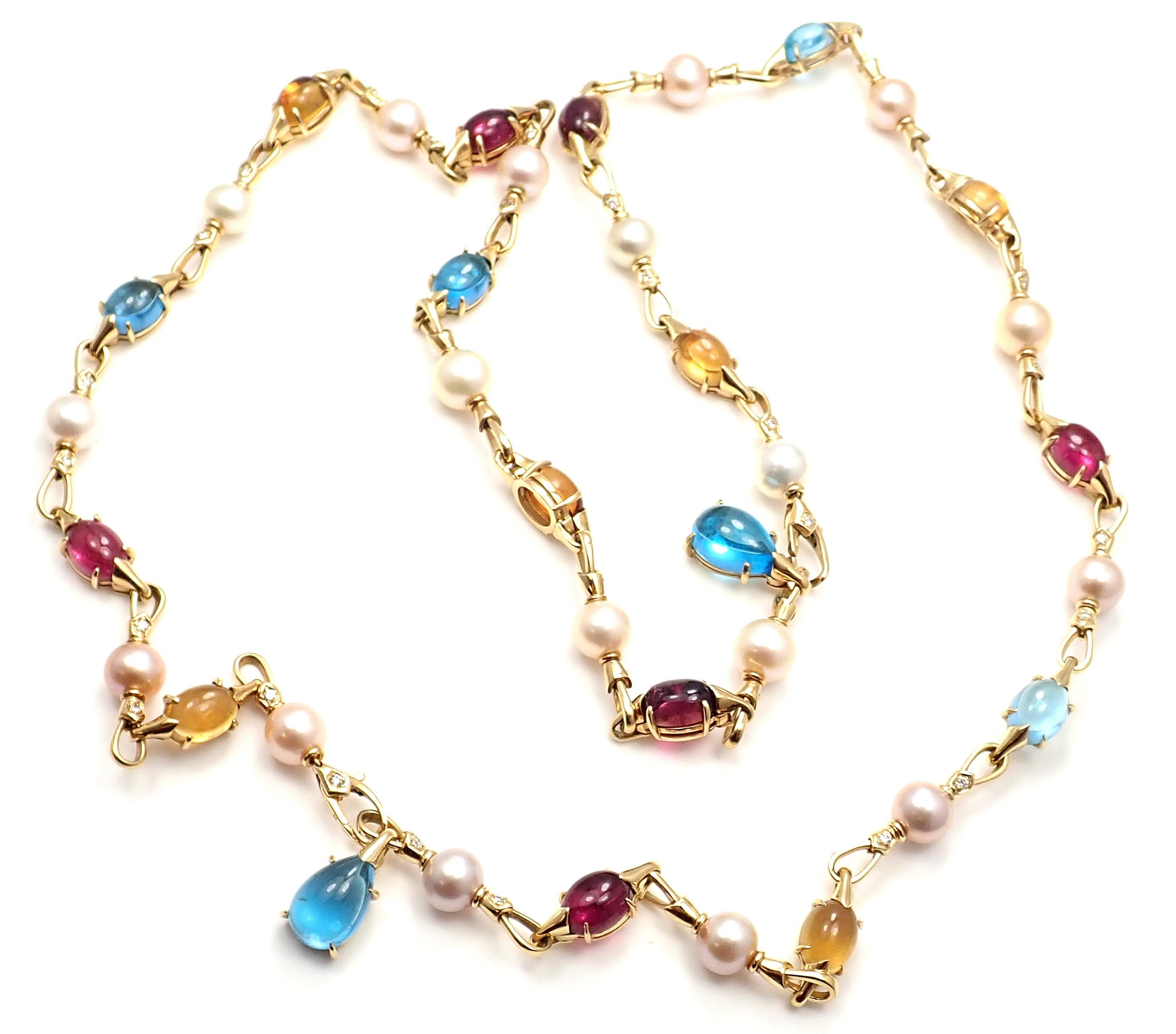 18k Yellow Gold Set Of 2 Diamond Color Stone Pearl Necklaces by Bulgari. 
With 18 round brilliant cut diamonds VS1 clarity, G color in each necklace and 36 together 
total weight approx. .36ct each and .72ct together
9 cultured pearls 9mm in each