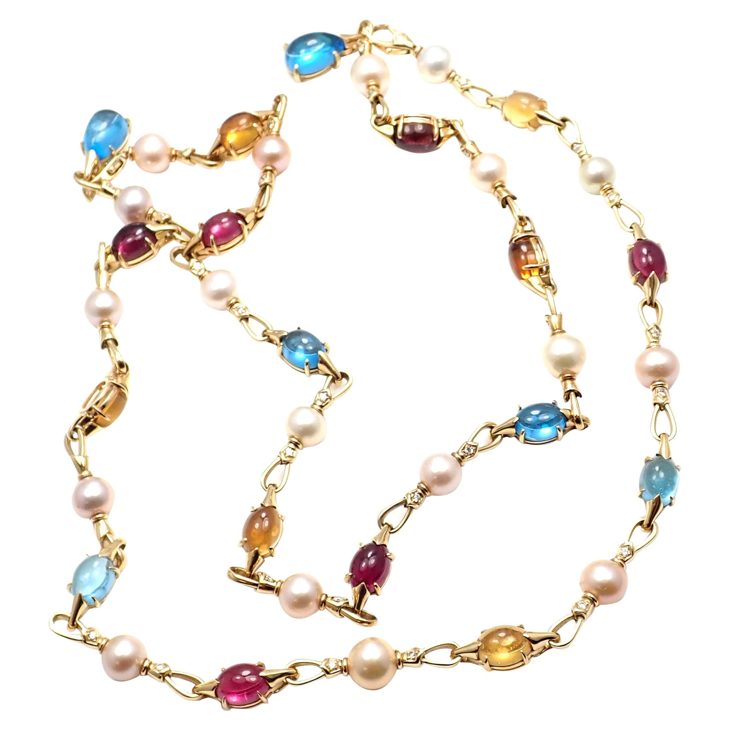 Bulgari Diamond Color Stone Pearl Set of Two Yellow Gold Necklace at 1stDibs