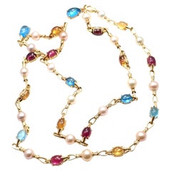 Bulgari Diamond Color Stone Pearl Set of Two Yellow Gold Necklace