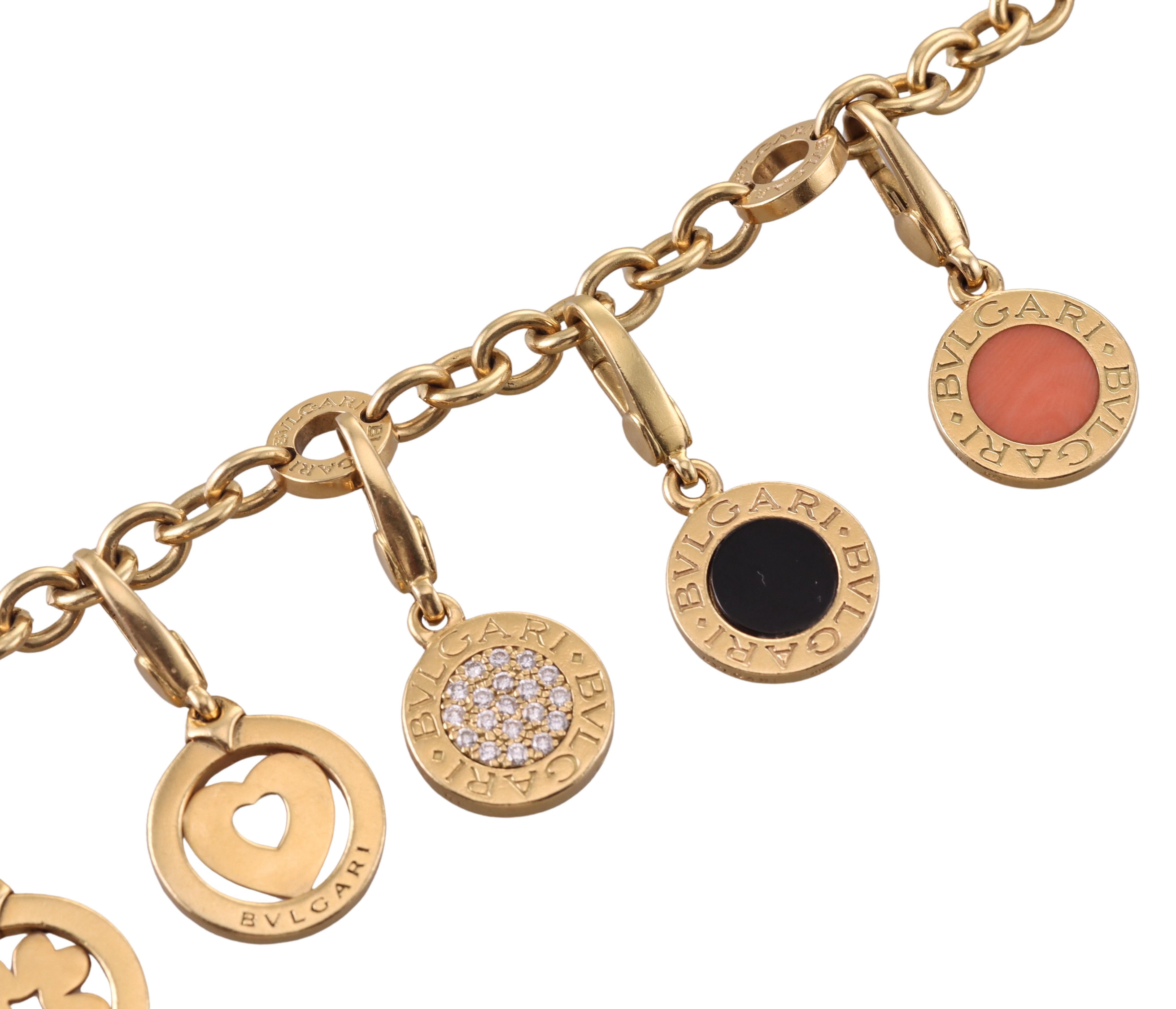 Bulgari Diamond Coral Onyx Charm Gold Bracelet In Excellent Condition For Sale In New York, NY